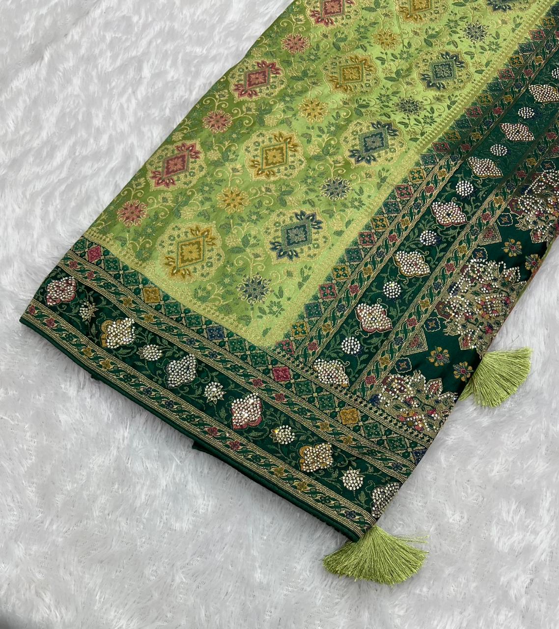 Anula Nexus Premium Kashmiri Satin Saree for Women | Light Pista Green Rich Woven Designer Saree With Heavy Pallu & Unstitched Blouse Piece-5