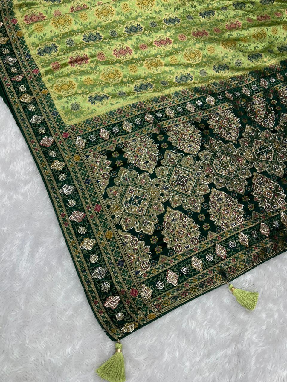 Anula Nexus Premium Kashmiri Satin Saree for Women | Light Pista Green Rich Woven Designer Saree With Heavy Pallu & Unstitched Blouse Piece-6