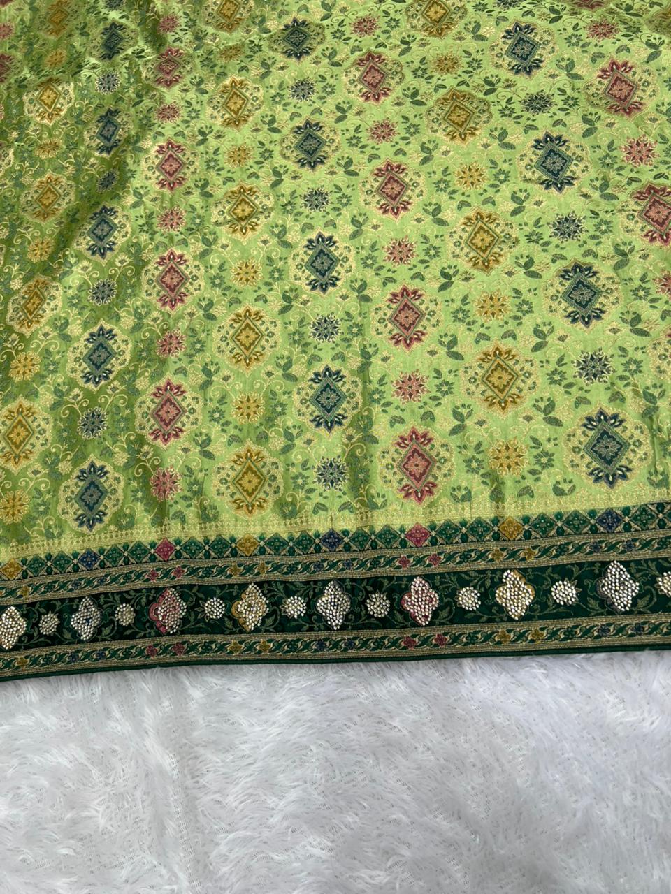 Anula Nexus Premium Kashmiri Satin Saree for Women | Light Pista Green Rich Woven Designer Saree With Heavy Pallu & Unstitched Blouse Piece-7