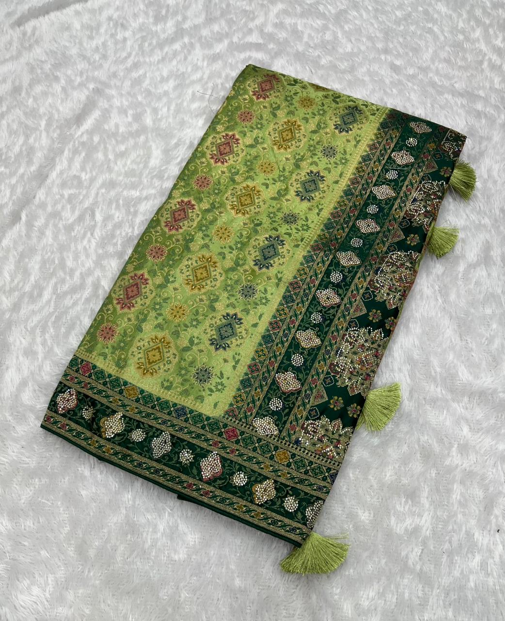Anula Nexus Premium Kashmiri Satin Saree for Women | Light Pista Green Rich Woven Designer Saree With Heavy Pallu & Unstitched Blouse Piece
