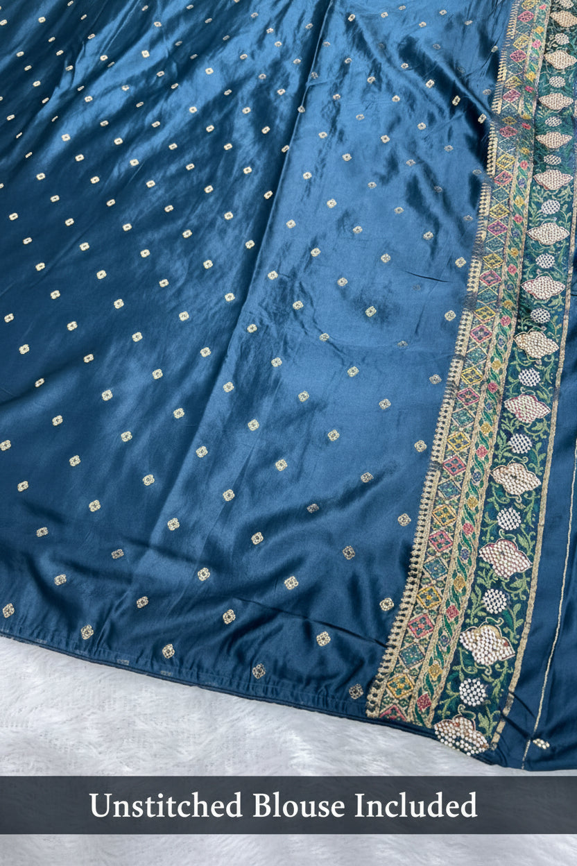 Anula Nexus Premium Kashmiri Satin Saree for Women | Peacock Blue & Sea Green Rich Woven Designer Saree With Heavy Pallu & Unstitched Blouse Piece-1