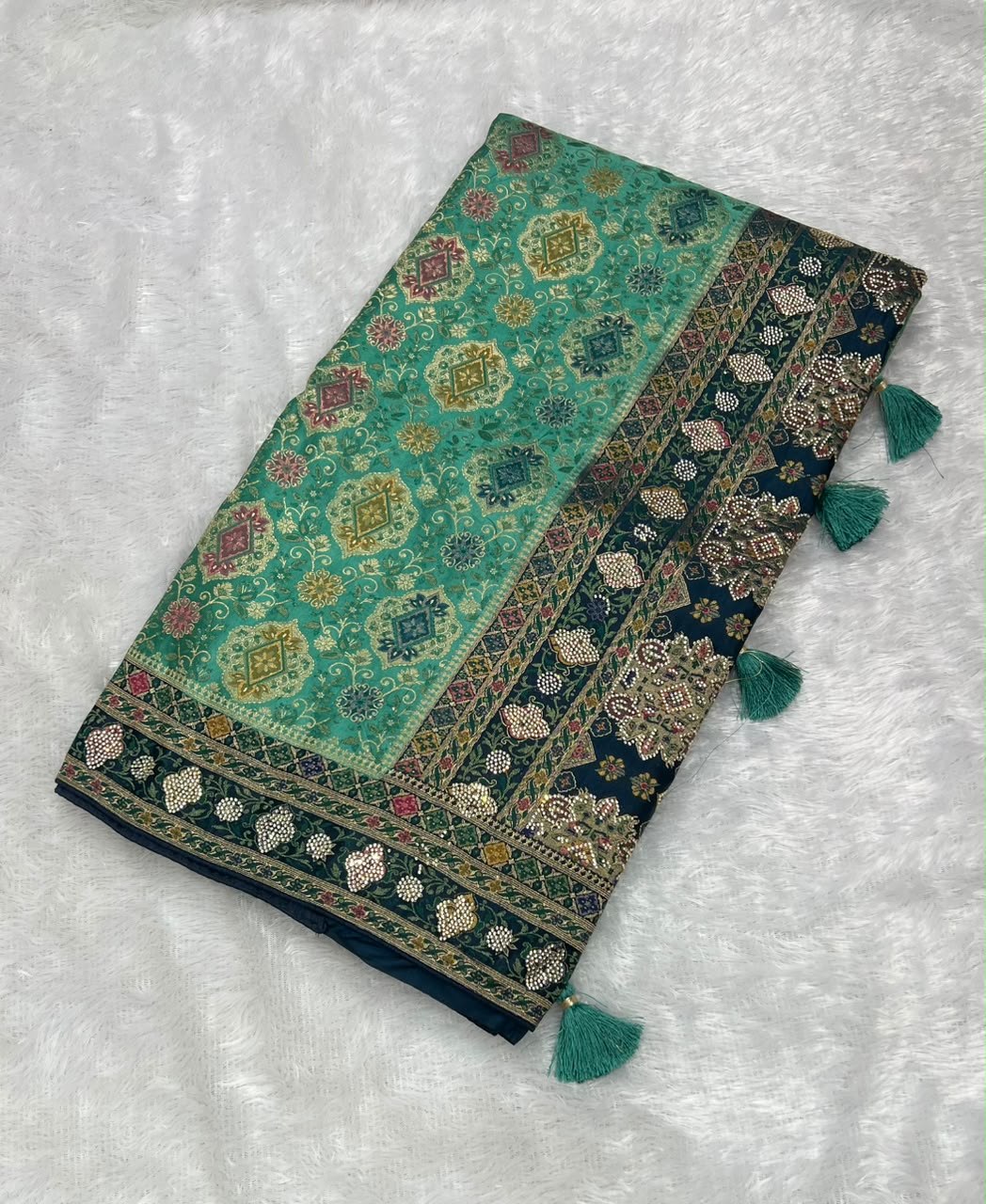 Anula Nexus Premium Kashmiri Satin Saree for Women | Peacock Blue & Sea Green Rich Woven Designer Saree With Heavy Pallu & Unstitched Blouse Piece