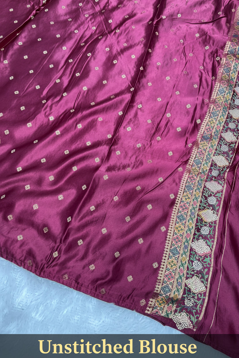 Anula Nexus Premium Kashmiri Satin Saree for Women | Wine Magenta Rich Woven Designer Saree With Heavy Pallu & Unstitched Blouse Piece-1