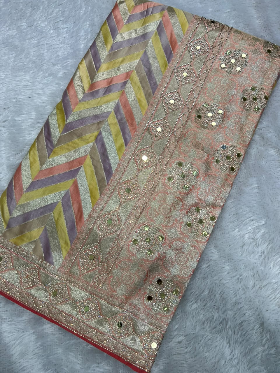 Anula Nexus Premium Lehariya Satin Saree With Mirror Work & Zarkhan Work, Multicolor Designer Pattern, Matching Unstitched Blouse Piece-1