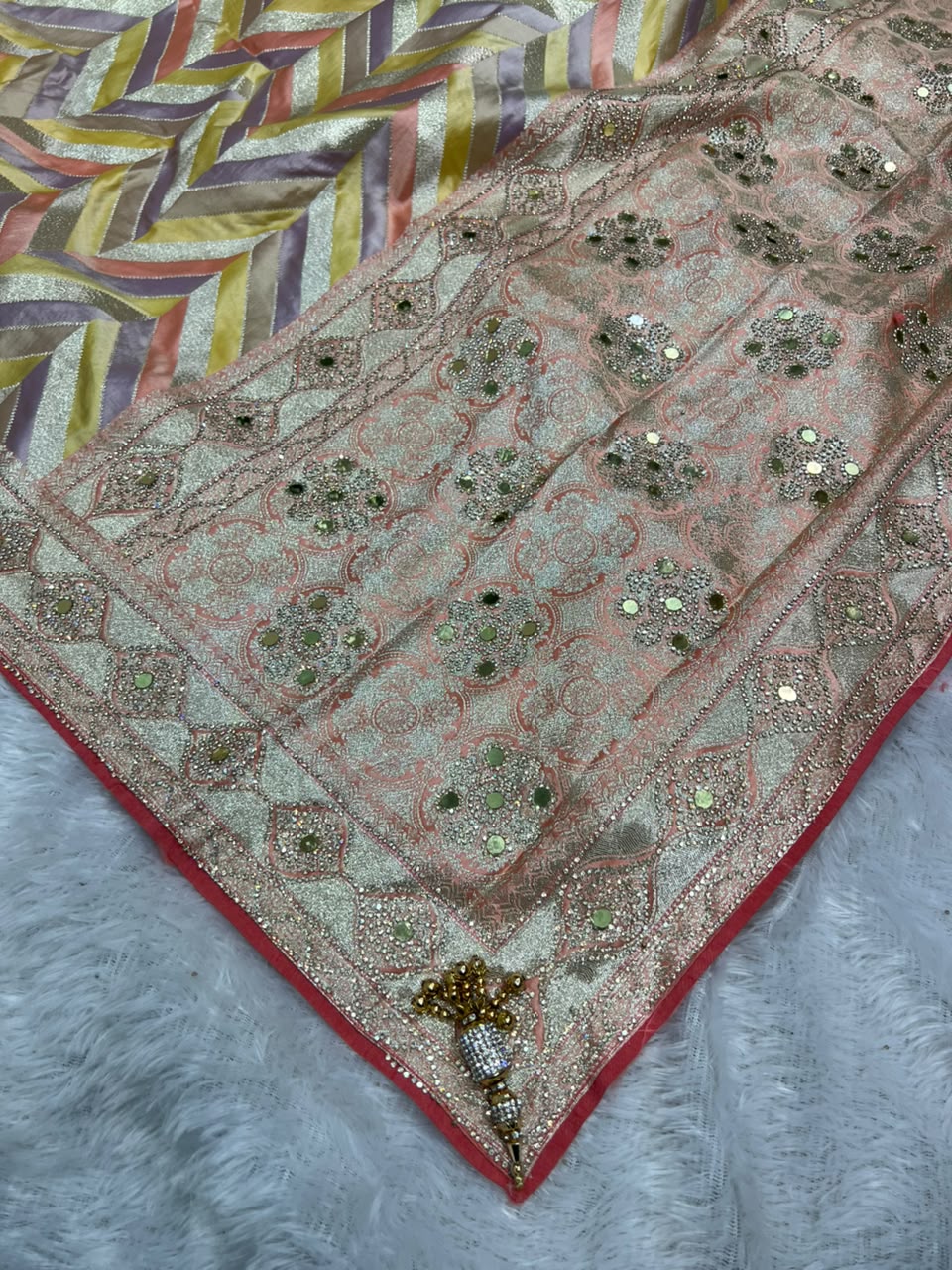 Anula Nexus Premium Lehariya Satin Saree With Mirror Work & Zarkhan Work, Multicolor Designer Pattern, Matching Unstitched Blouse Piece-4