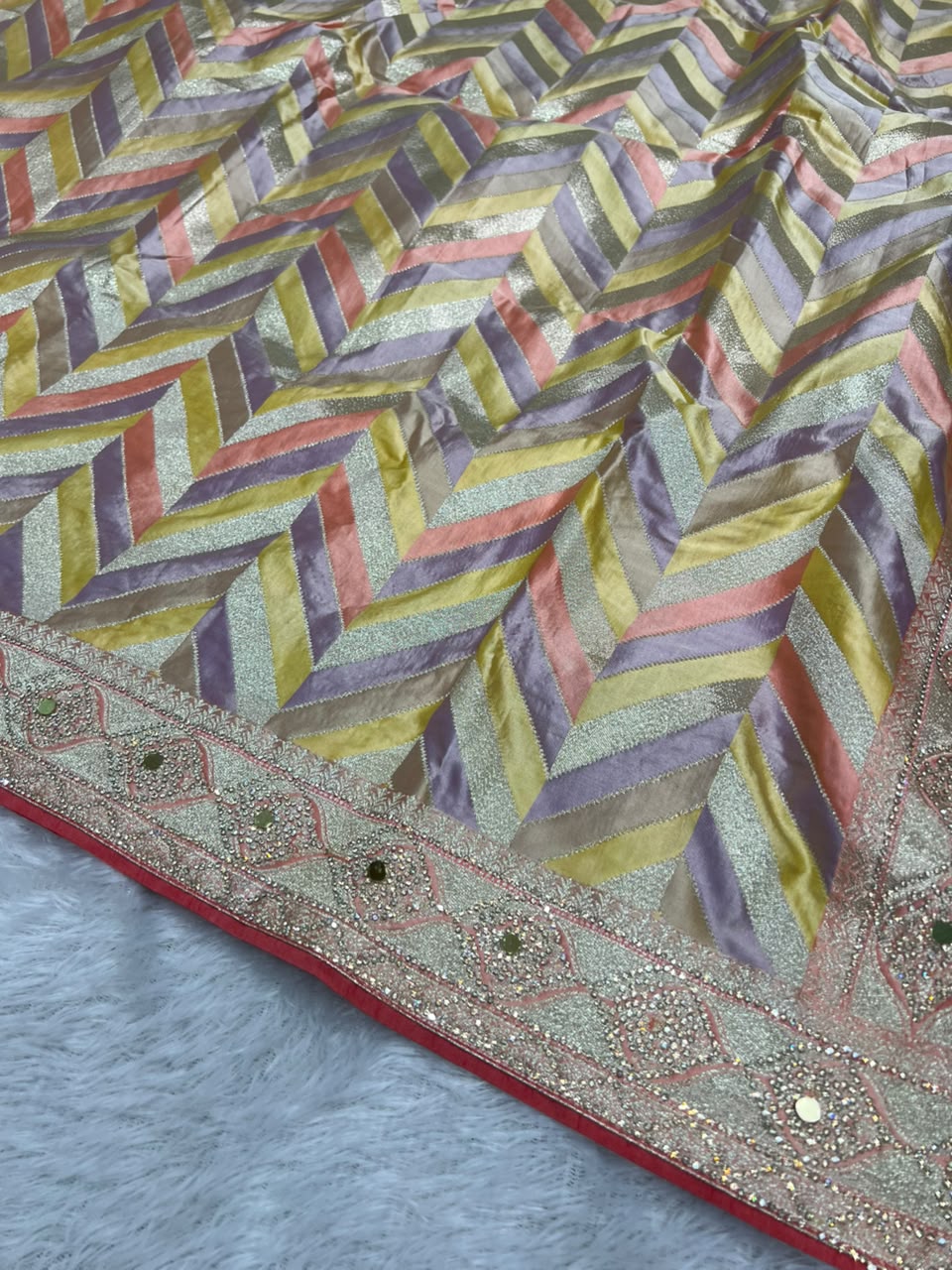 Anula Nexus Premium Lehariya Satin Saree With Mirror Work & Zarkhan Work, Multicolor Designer Pattern, Matching Unstitched Blouse Piece-5