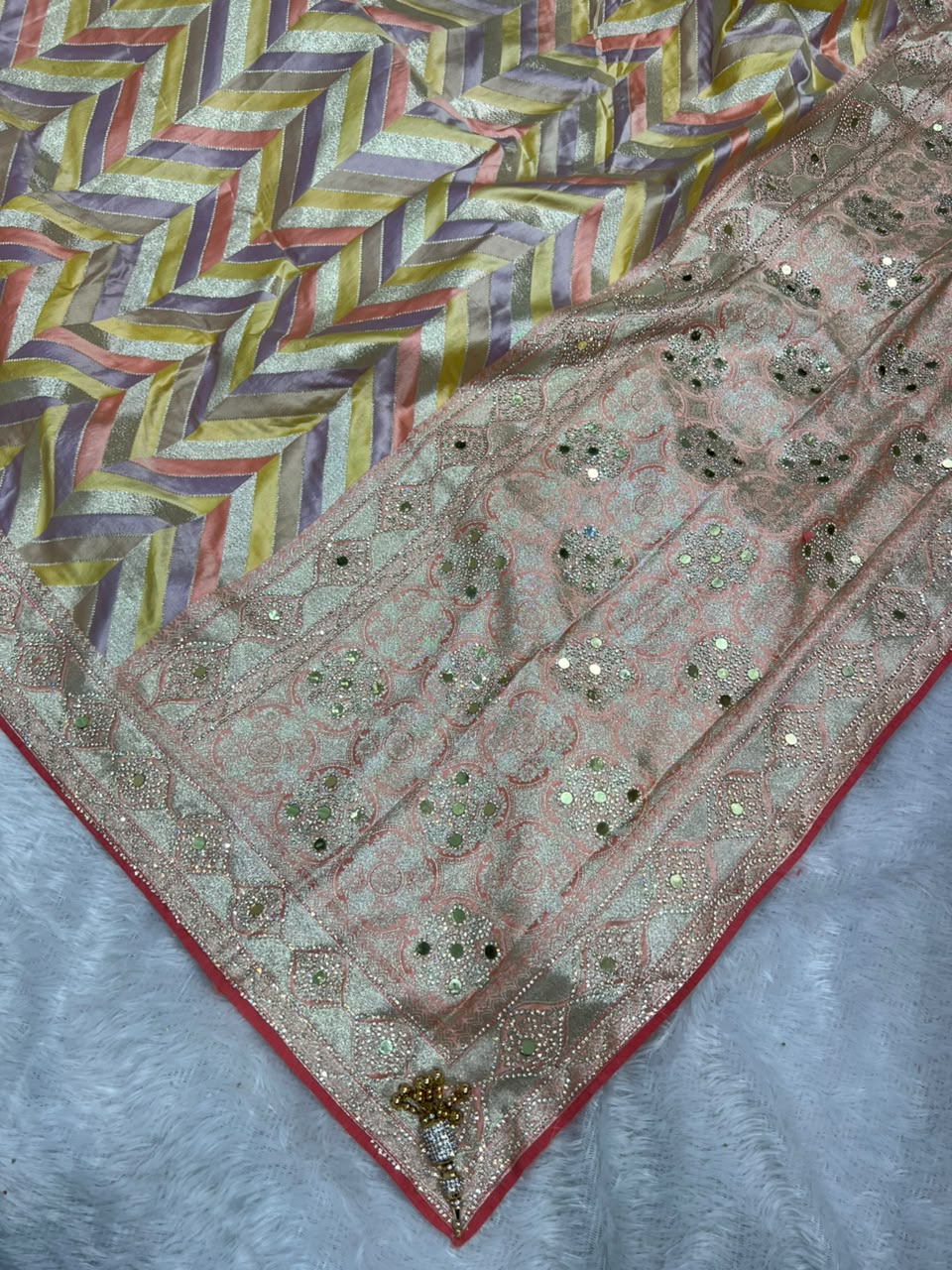 Anula Nexus Premium Lehariya Satin Saree With Mirror Work & Zarkhan Work, Multicolor Designer Pattern, Matching Unstitched Blouse Piece-6