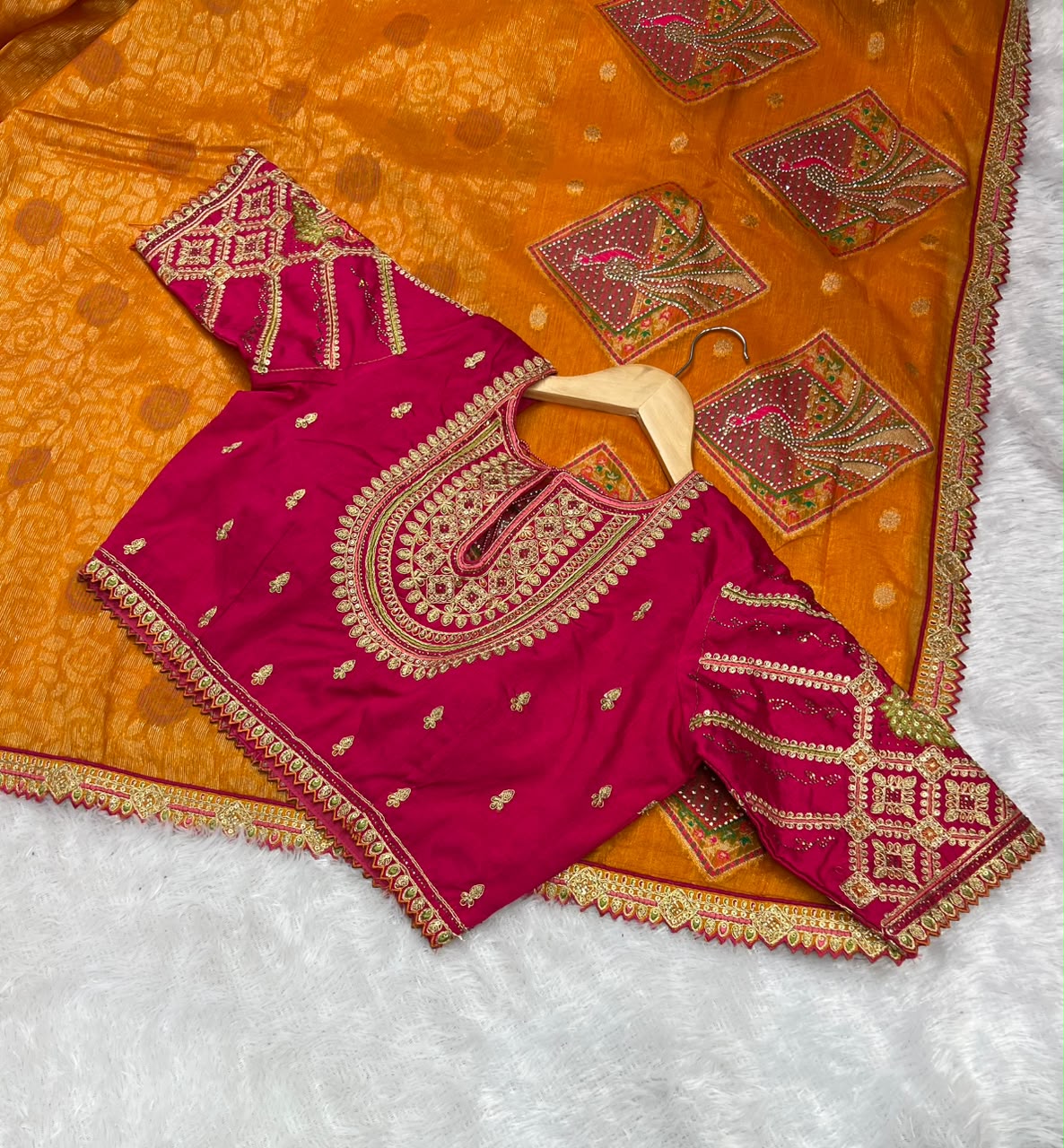 Anula Nexus Premium Linen Zarkhan Handwork Saree With Fully Stitched Designer Blouse – Mustard Orange-1