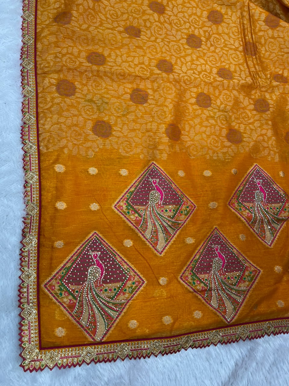 Anula Nexus Premium Linen Zarkhan Handwork Saree With Fully Stitched Designer Blouse – Mustard Orange-10