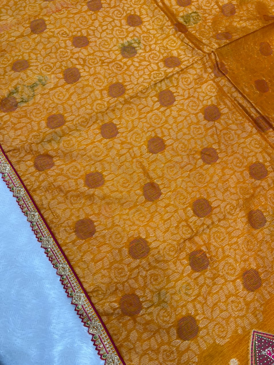 Anula Nexus Premium Linen Zarkhan Handwork Saree With Fully Stitched Designer Blouse – Mustard Orange-12
