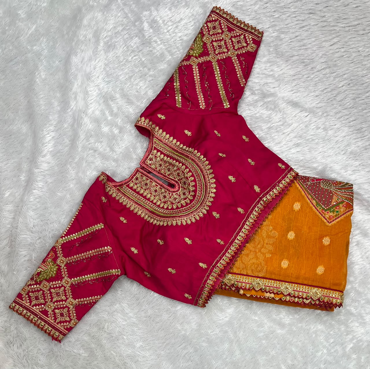 Anula Nexus Premium Linen Zarkhan Handwork Saree With Fully Stitched Designer Blouse – Mustard Orange-3