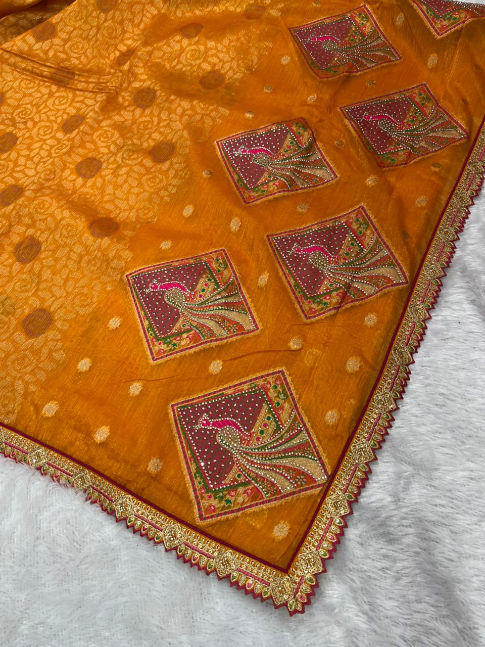 Anula Nexus Premium Linen Zarkhan Handwork Saree With Fully Stitched Designer Blouse – Mustard Orange-4