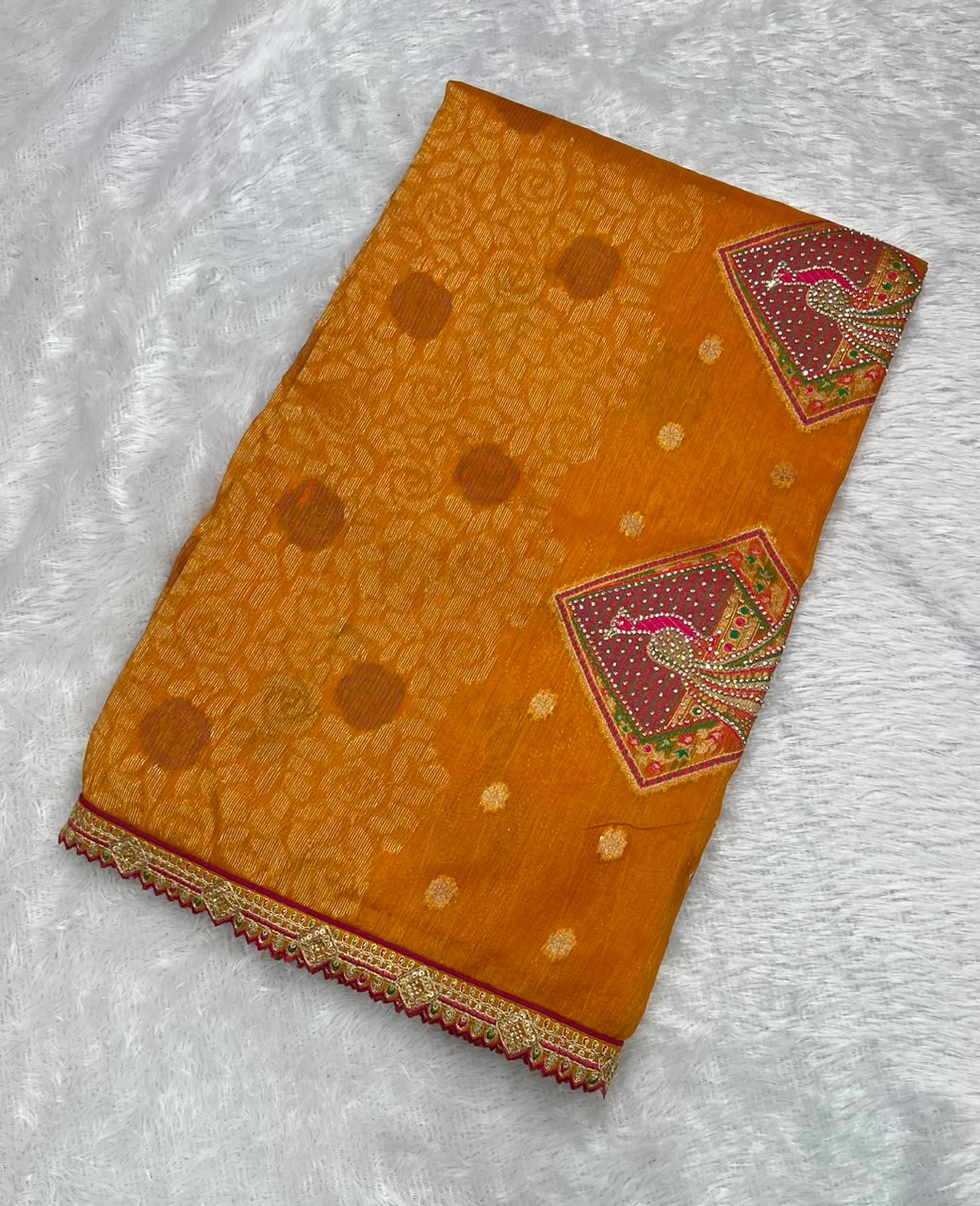Anula Nexus Premium Linen Zarkhan Handwork Saree With Fully Stitched Designer Blouse – Mustard Orange-5
