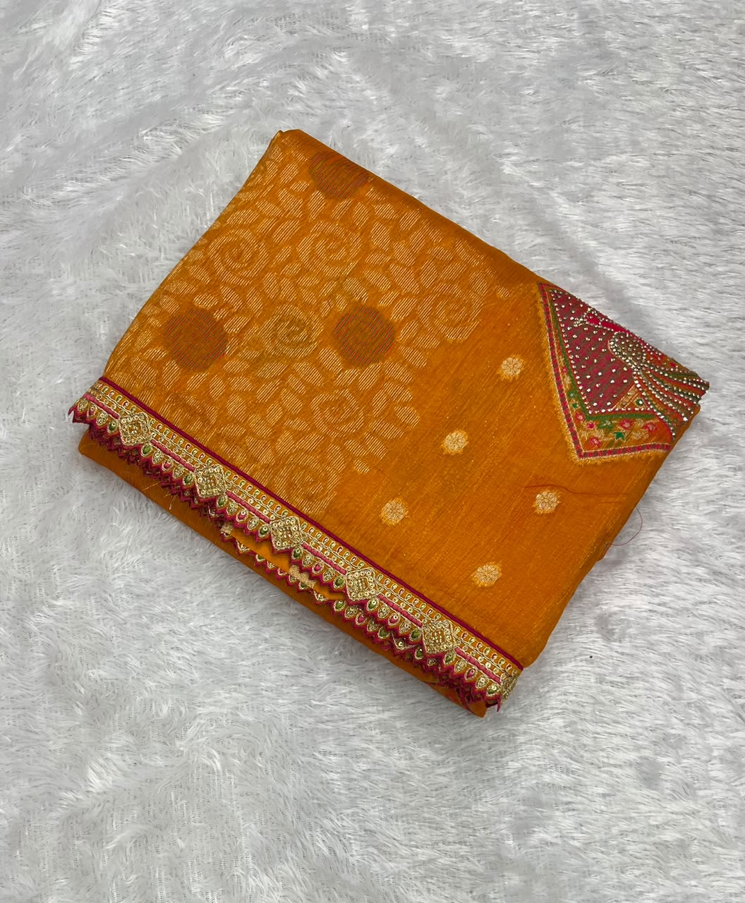 Anula Nexus Premium Linen Zarkhan Handwork Saree With Fully Stitched Designer Blouse – Mustard Orange-6