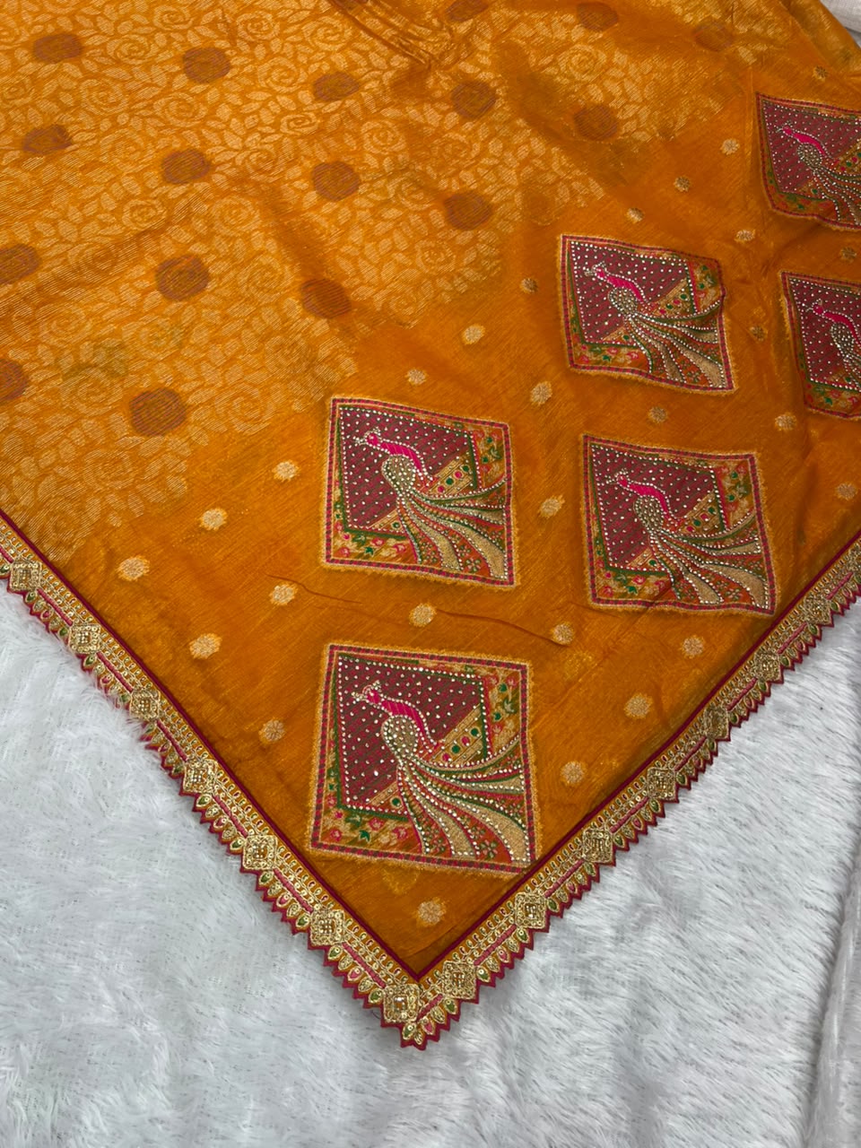 Anula Nexus Premium Linen Zarkhan Handwork Saree With Fully Stitched Designer Blouse – Mustard Orange-7