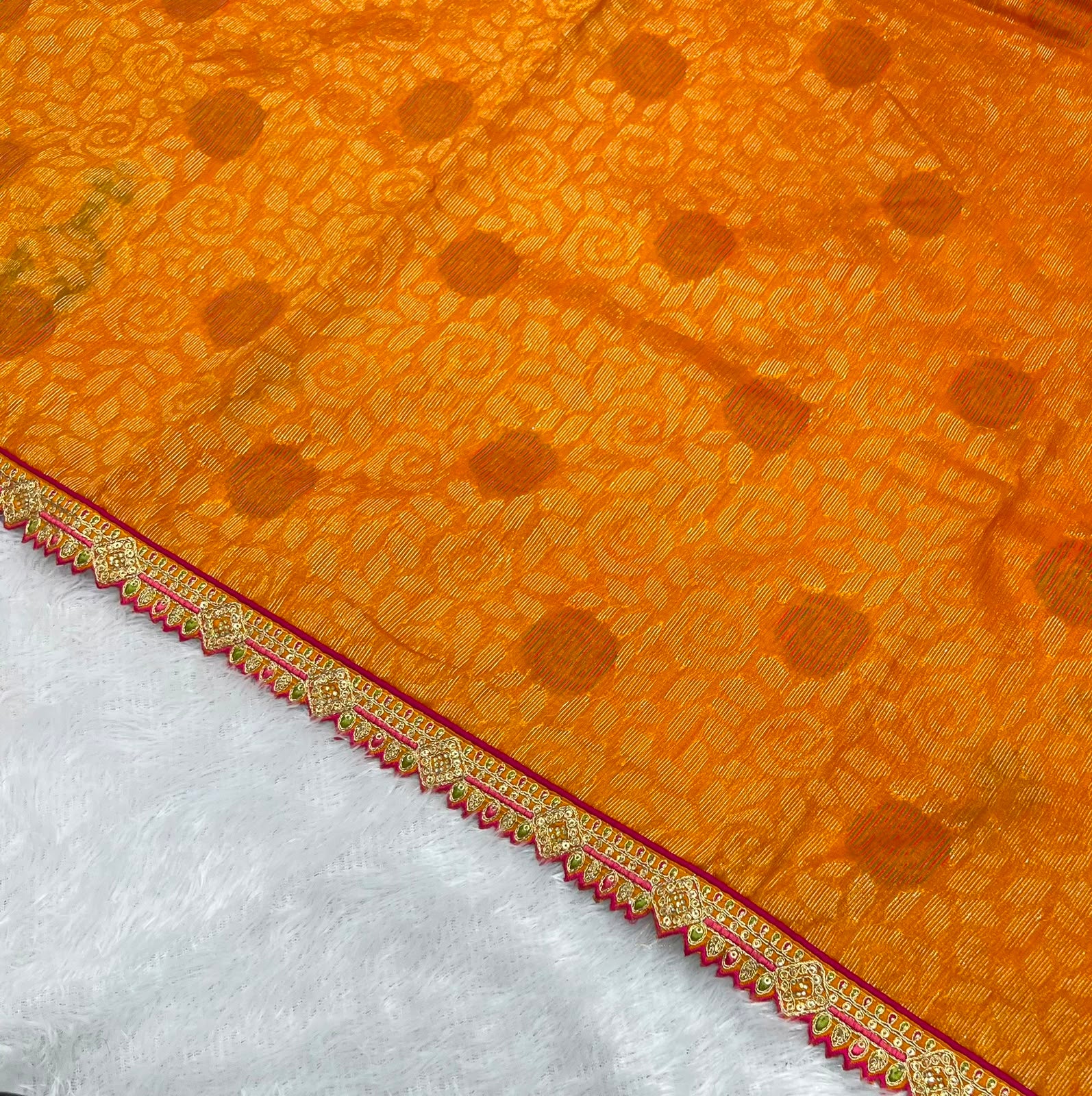 Anula Nexus Premium Linen Zarkhan Handwork Saree With Fully Stitched Designer Blouse – Mustard Orange-9