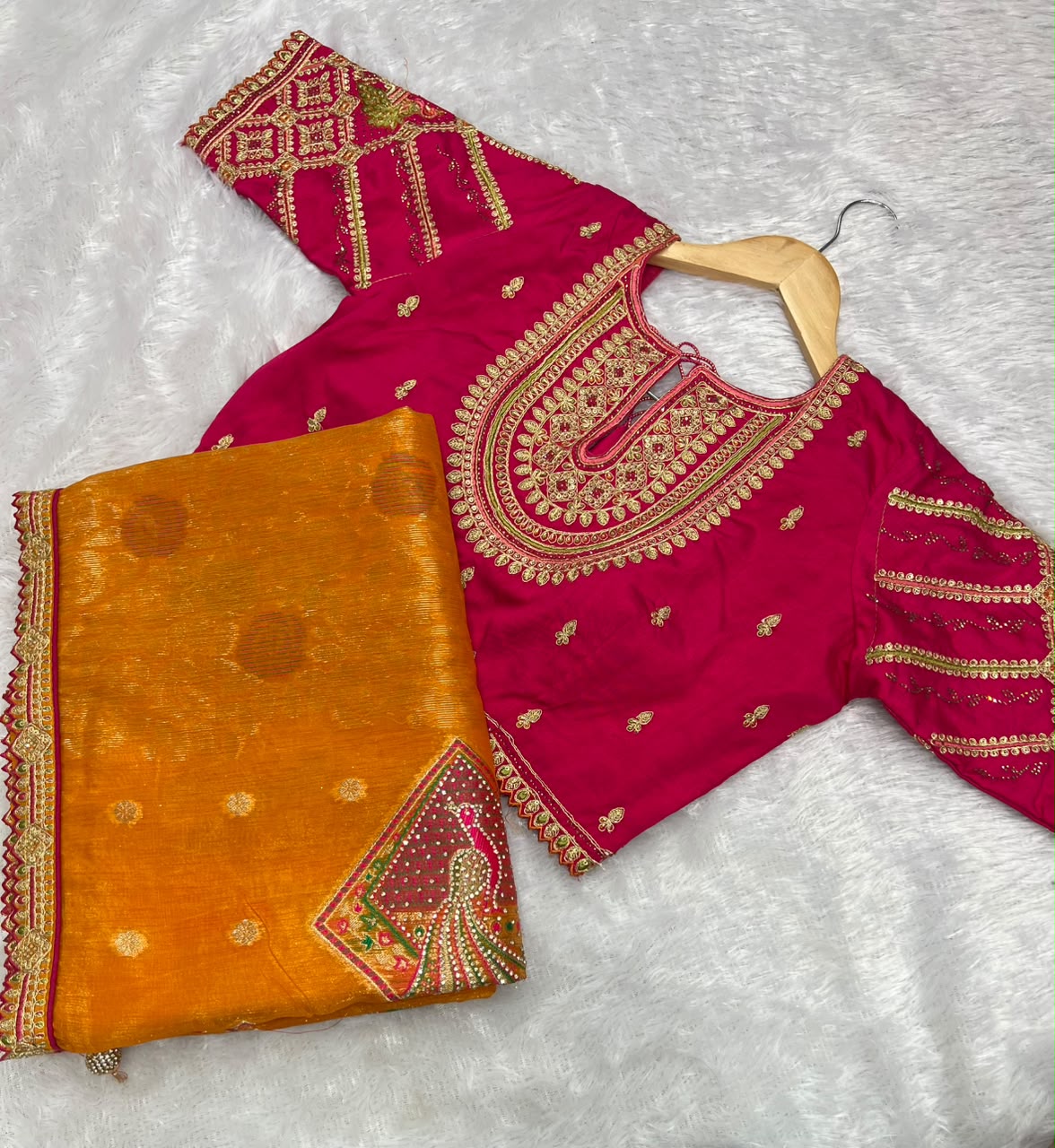 Anula Nexus Premium Linen Zarkhan Handwork Saree With Fully Stitched Designer Blouse – Mustard Orange