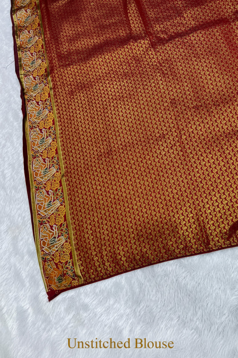 Anula Nexus Premium Position Tissue Saree For Women | Maroon & Antique Gold Traditional Designer Saree With Tribal Print, Swarovski Work & Tassels | Unstitched Blouse Piece-1