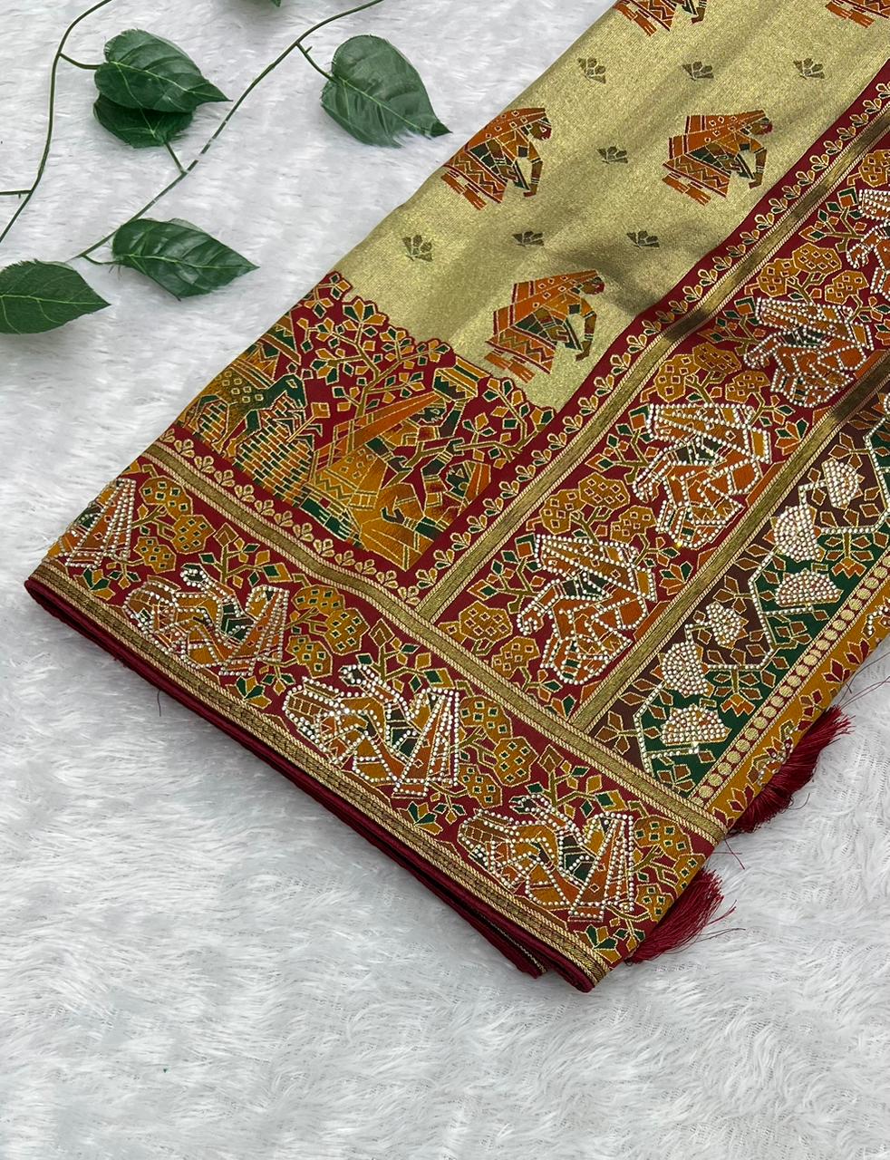 Anula Nexus Premium Position Tissue Saree For Women | Maroon & Antique Gold Traditional Designer Saree With Tribal Print, Swarovski Work & Tassels | Unstitched Blouse Piece-4