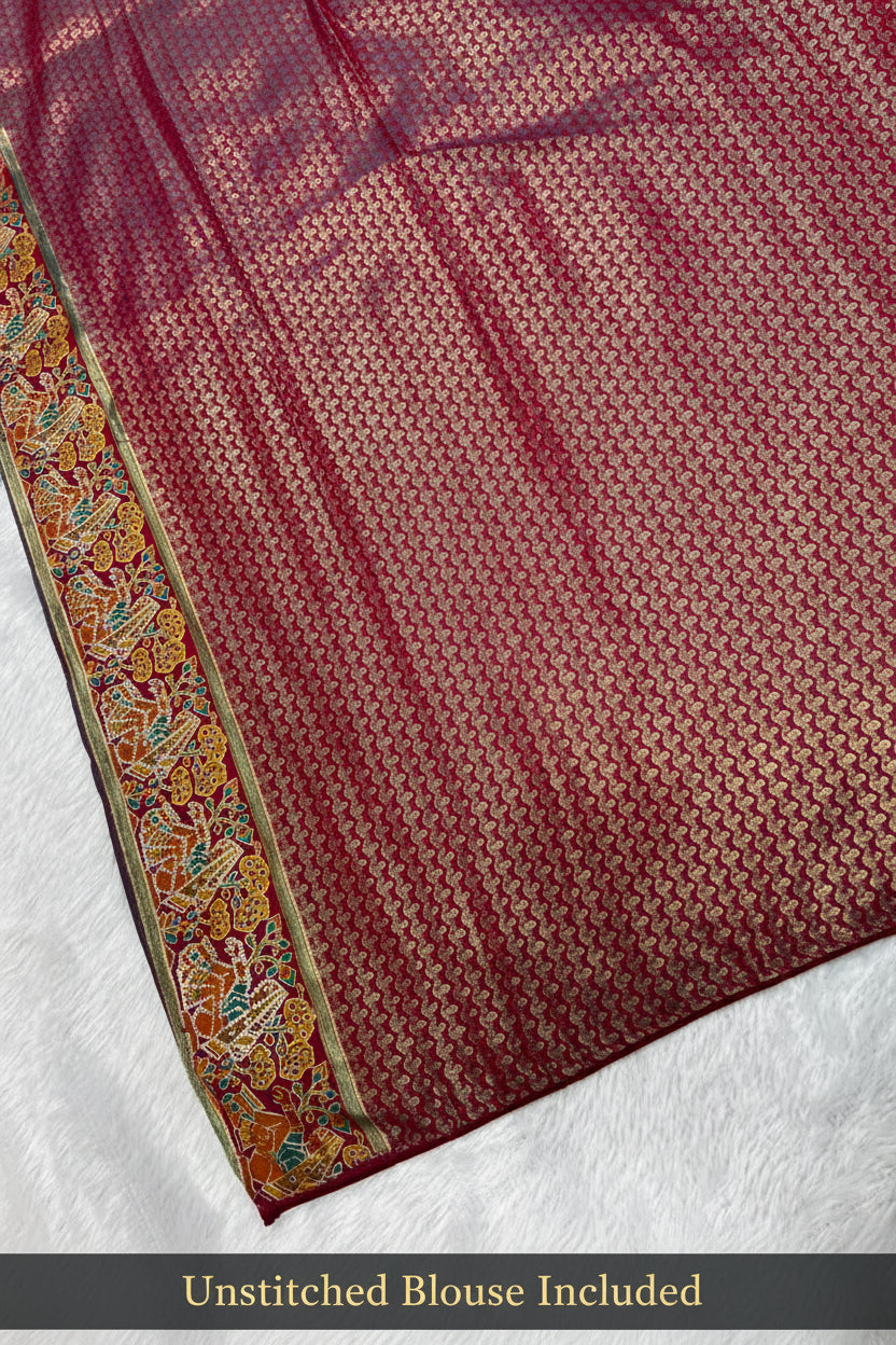 Anula Nexus Premium Position Tissue Saree For Women | Maroon & Gold Traditional Designer Saree With Tribal Print, Swarovski Work & Tassels | Unstitched Blouse Piece-1