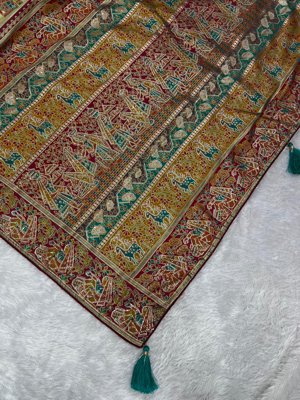 Anula Nexus Premium Position Tissue Saree For Women | Maroon & Gold Traditional Designer Saree With Tribal Print, Swarovski Work & Tassels | Unstitched Blouse Piece-3