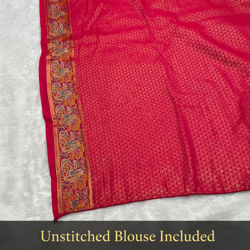 Anula Nexus Premium Position Tissue Saree For Women | Rani Pink & Gold Traditional Designer Saree With Tribal Print, Swarovski Work & Tassels | Unstitched Blouse Piece-1