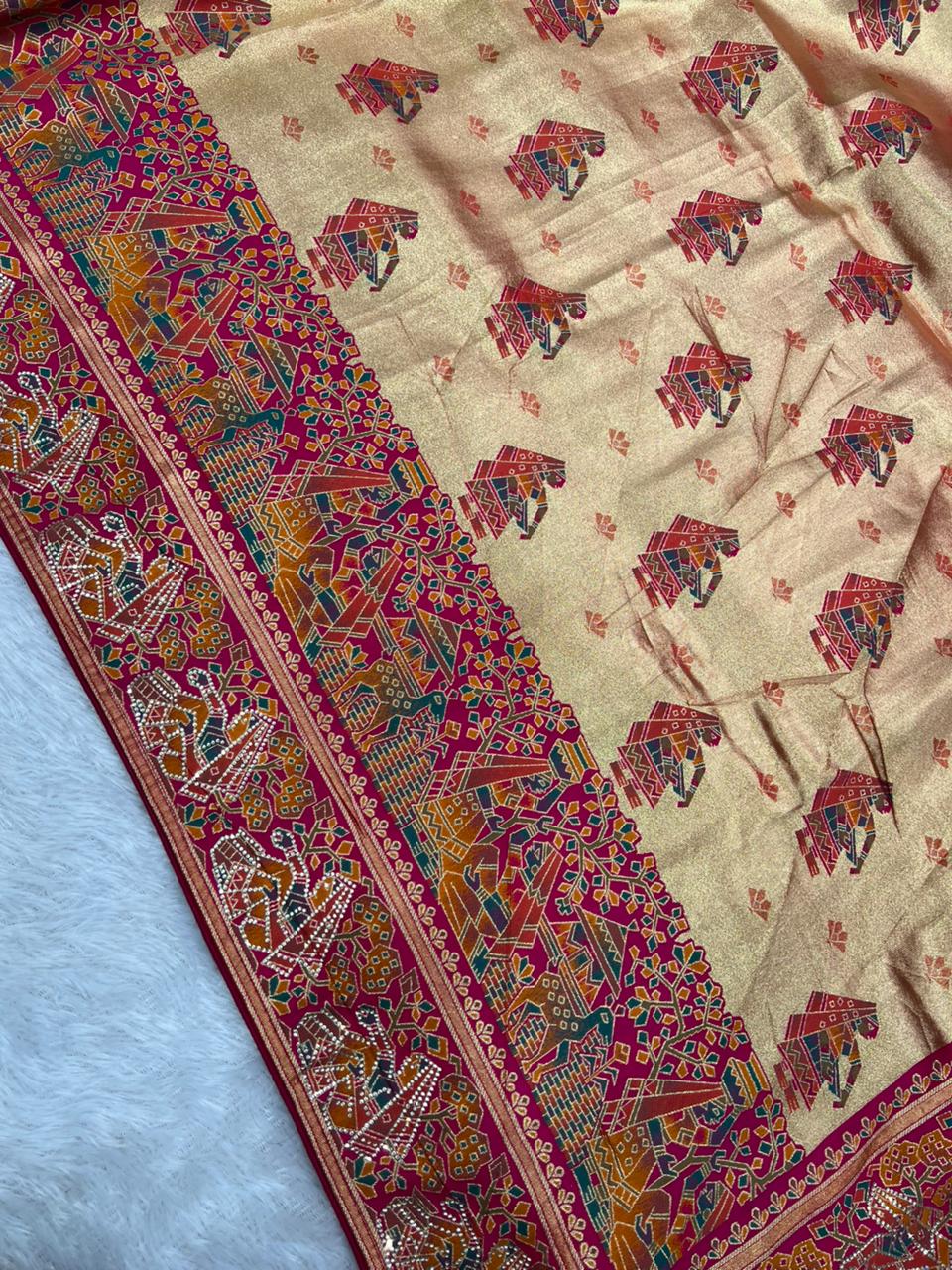 Anula Nexus Premium Position Tissue Saree For Women | Rani Pink & Gold Traditional Designer Saree With Tribal Print, Swarovski Work & Tassels | Unstitched Blouse Piece-6