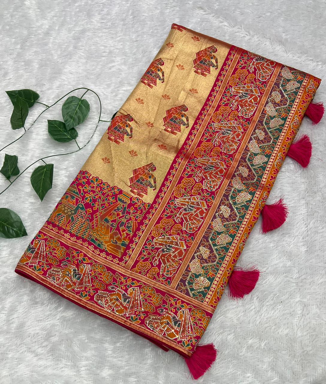 Anula Nexus Premium Position Tissue Saree For Women | Rani Pink & Gold Traditional Designer Saree With Tribal Print, Swarovski Work & Tassels | Unstitched Blouse Piece