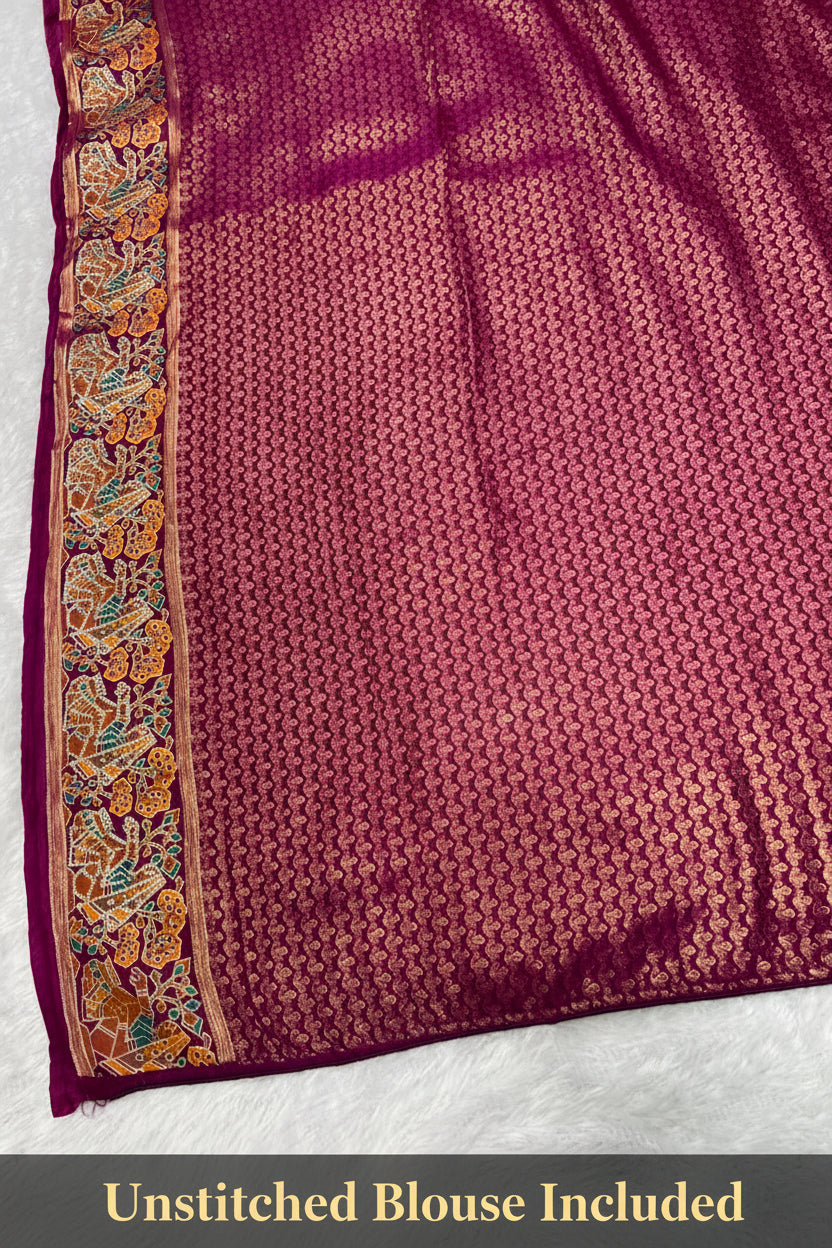 Anula Nexus Premium Position Tissue Saree For Women | Wine & Rose Gold Traditional Designer Saree With Tribal Print, Swarovski Work & Tassels | Unstitched Blouse Piece-1
