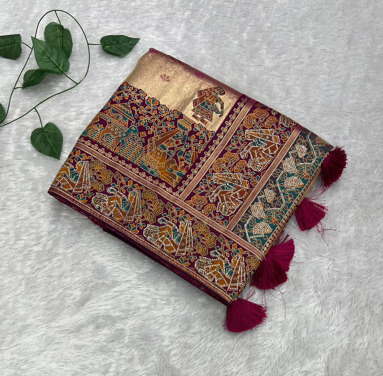 Anula Nexus Premium Position Tissue Saree For Women | Wine & Rose Gold Traditional Designer Saree With Tribal Print, Swarovski Work & Tassels | Unstitched Blouse Piece-2