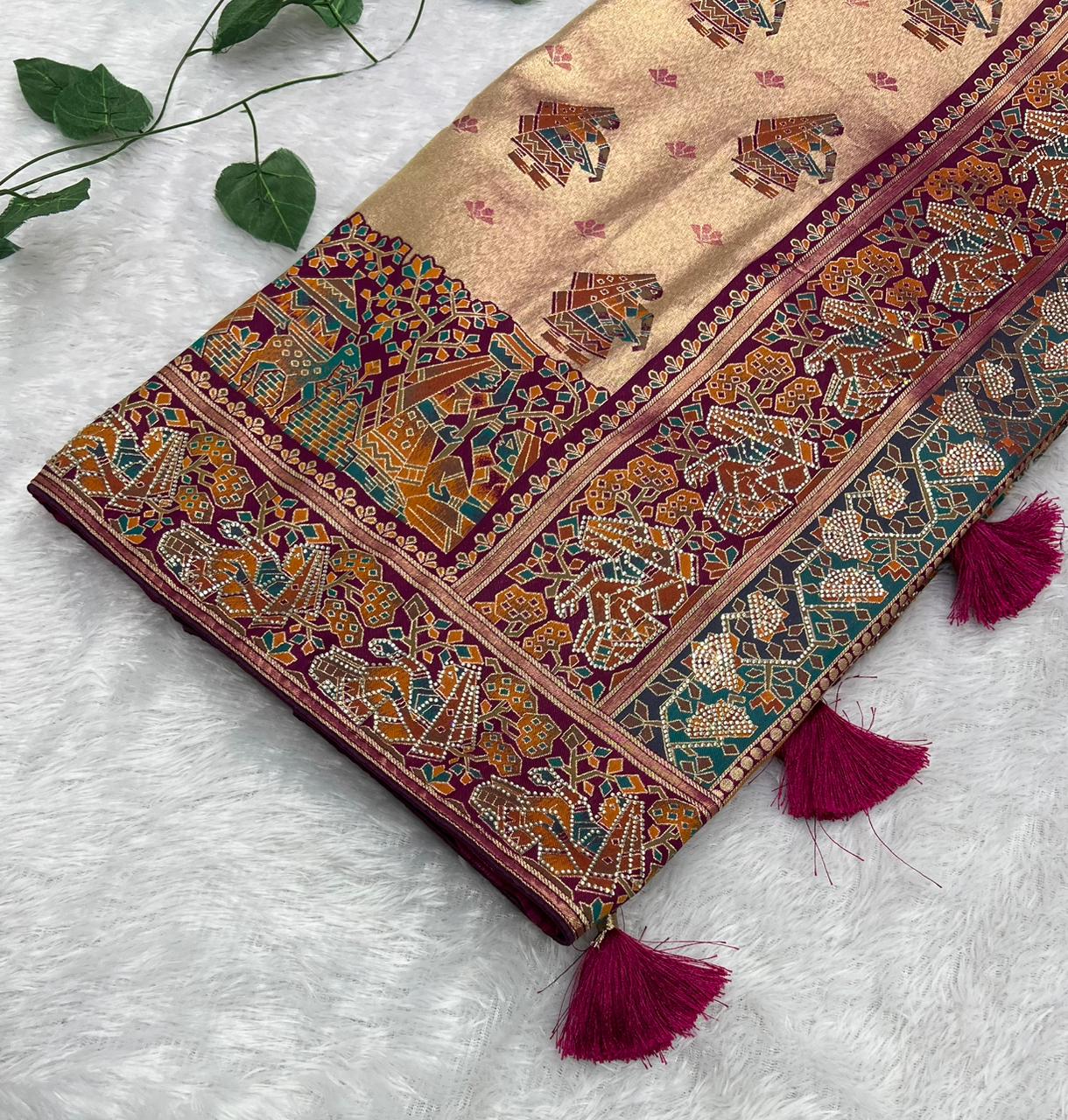 Anula Nexus Premium Position Tissue Saree For Women | Wine & Rose Gold Traditional Designer Saree With Tribal Print, Swarovski Work & Tassels | Unstitched Blouse Piece-4