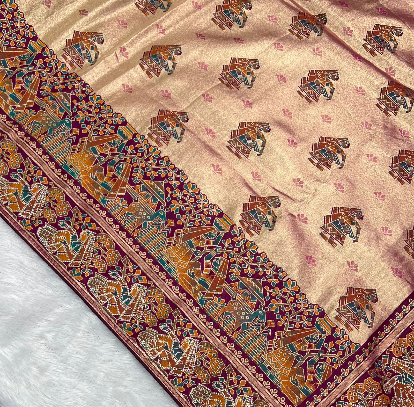 Anula Nexus Premium Position Tissue Saree For Women | Wine & Rose Gold Traditional Designer Saree With Tribal Print, Swarovski Work & Tassels | Unstitched Blouse Piece-6