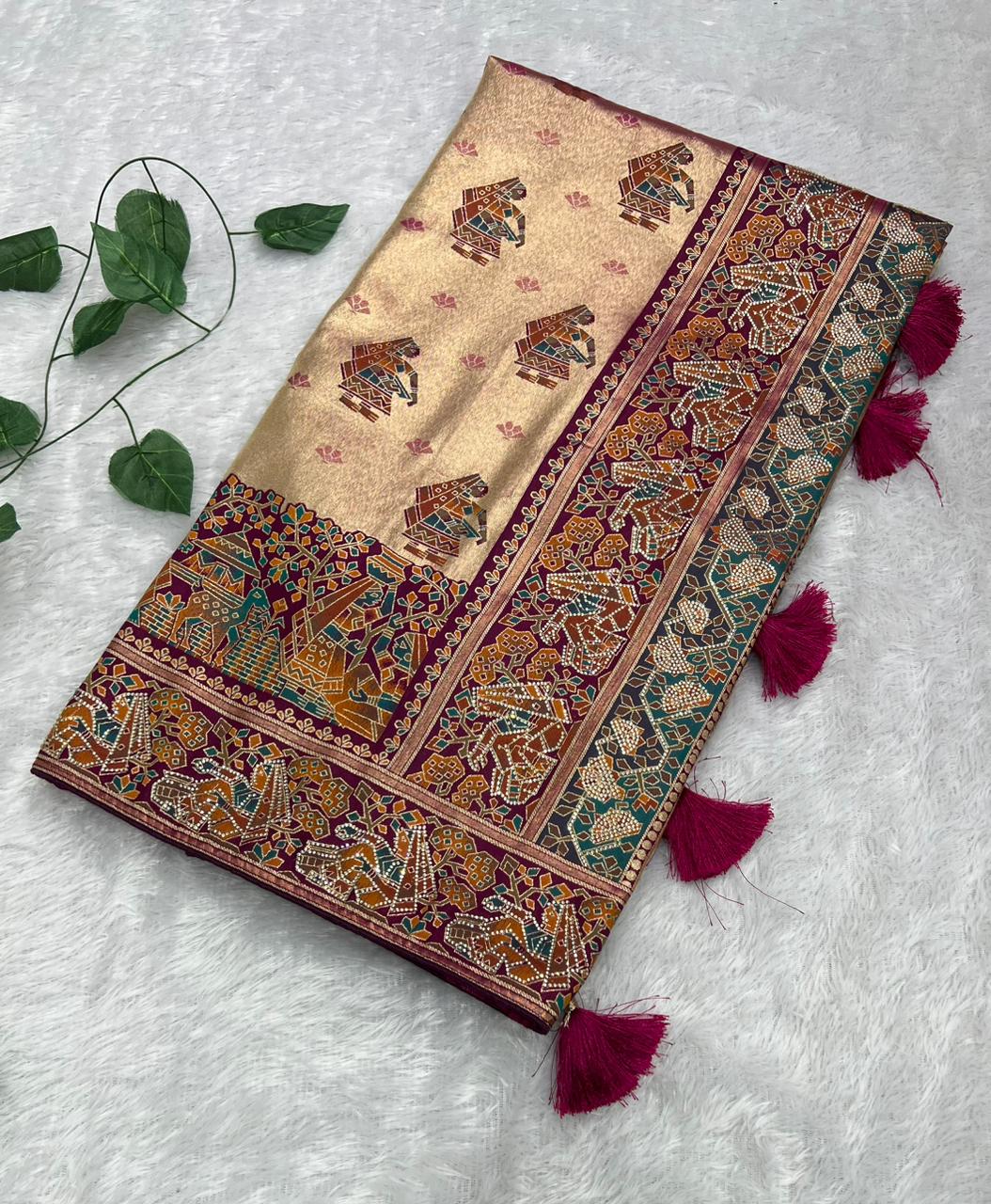 Anula Nexus Premium Position Tissue Saree For Women | Wine & Rose Gold Traditional Designer Saree With Tribal Print, Swarovski Work & Tassels | Unstitched Blouse Piece