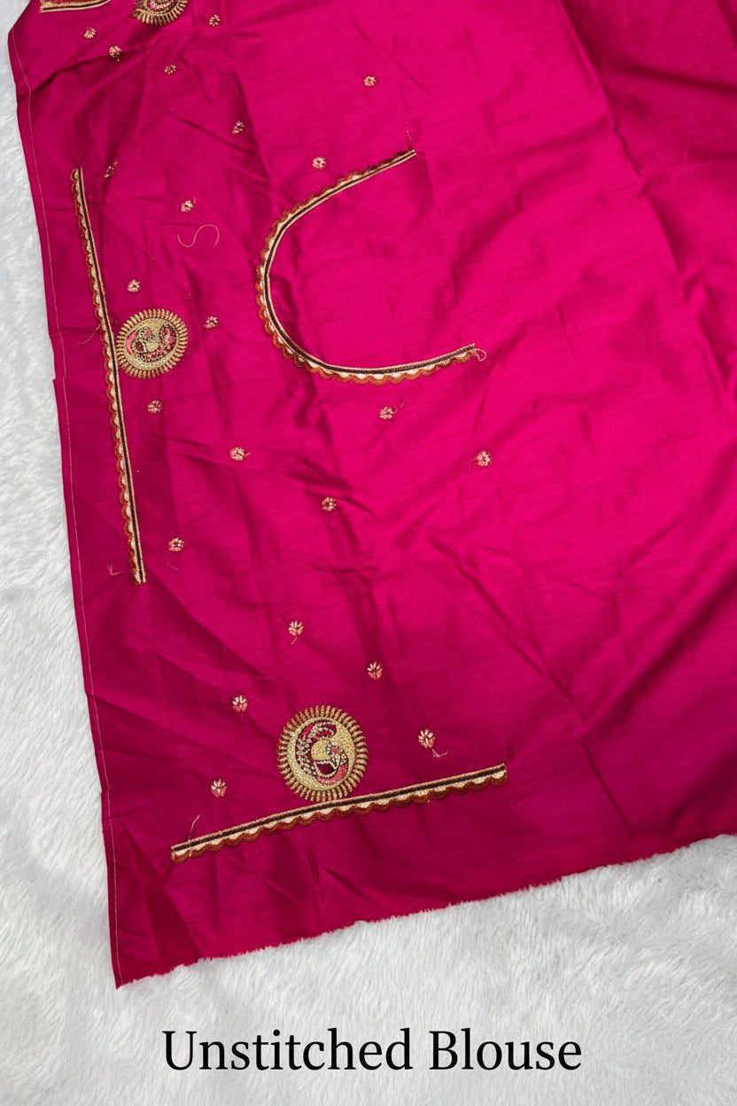 Anula Nexus Premium Satin Saree For Women | Gold Beige & Rani Pink Heavy Embroidery Designer Saree With Swarovski, Zarkhan & Sequins Work | Unstitched Blouse Piece-1