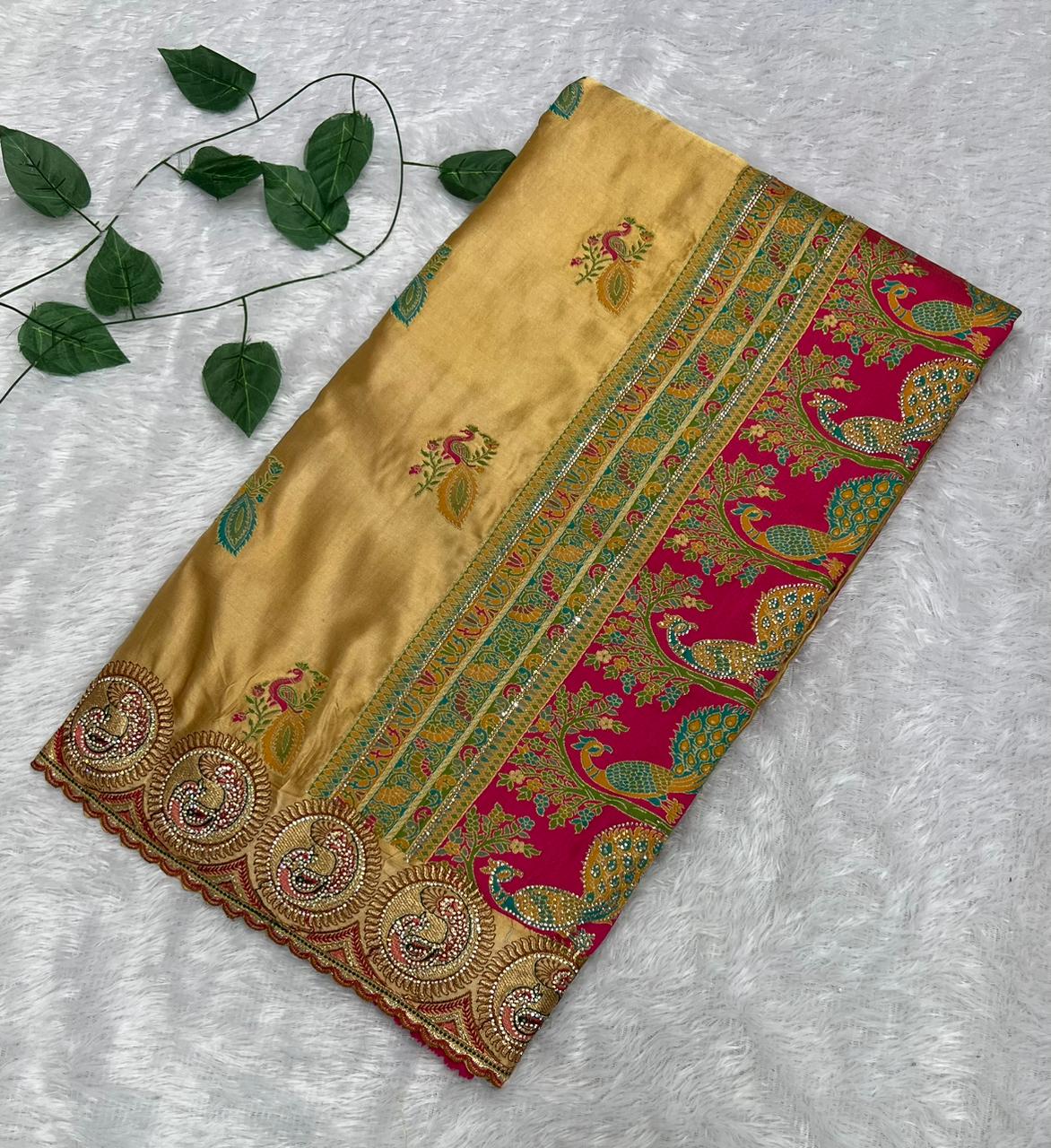 Anula Nexus Premium Satin Saree For Women | Gold Beige & Rani Pink Heavy Embroidery Designer Saree With Swarovski, Zarkhan & Sequins Work | Unstitched Blouse Piece-2
