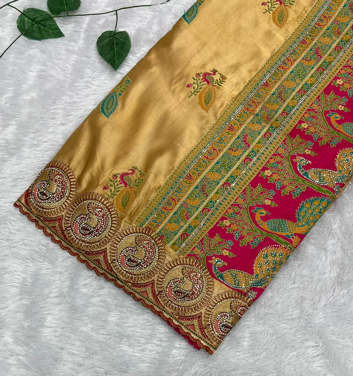 Anula Nexus Premium Satin Saree For Women | Gold Beige & Rani Pink Heavy Embroidery Designer Saree With Swarovski, Zarkhan & Sequins Work | Unstitched Blouse Piece-4