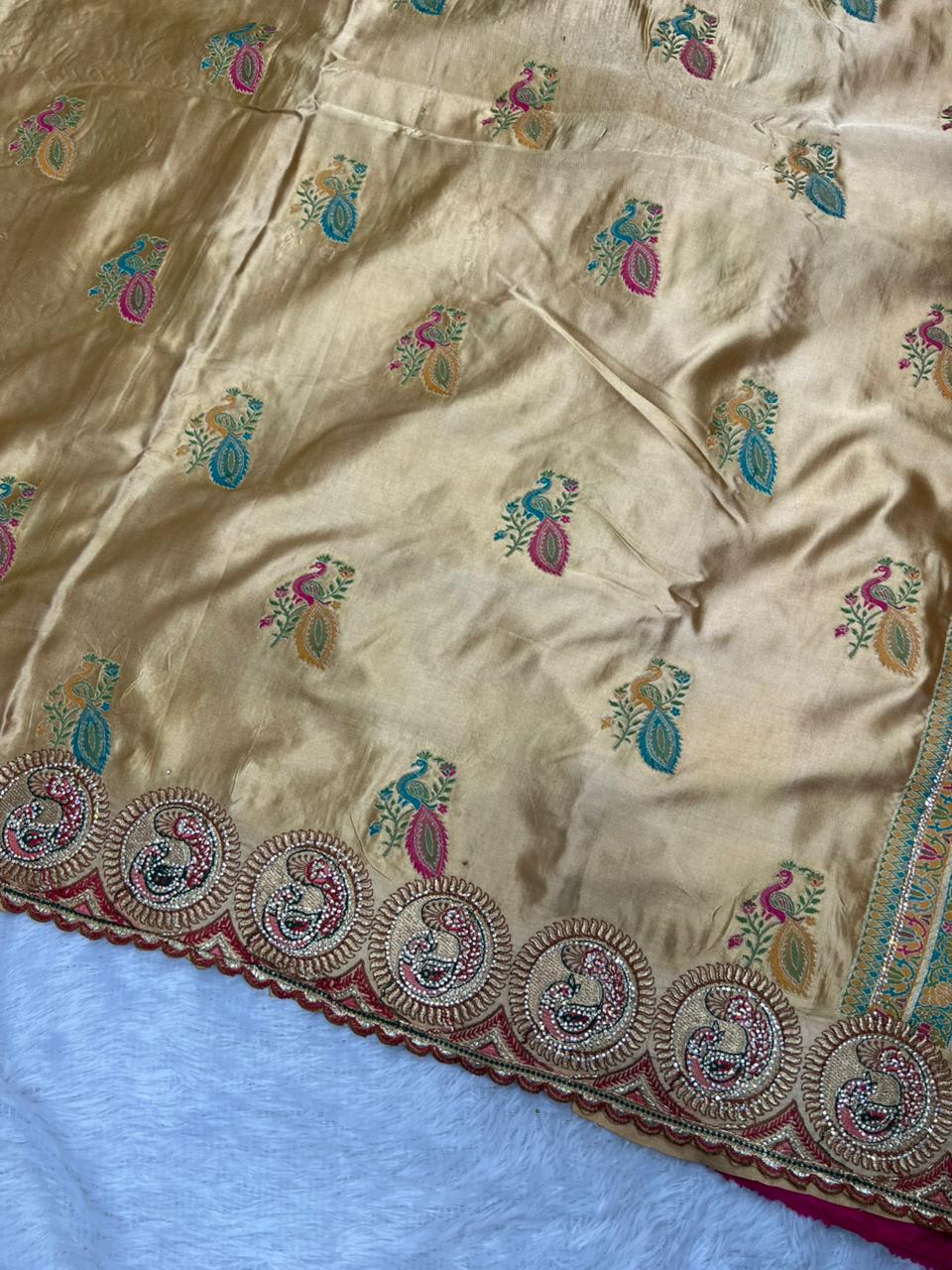 Anula Nexus Premium Satin Saree For Women | Gold Beige & Rani Pink Heavy Embroidery Designer Saree With Swarovski, Zarkhan & Sequins Work | Unstitched Blouse Piece-6