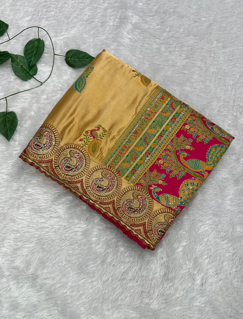 Anula Nexus Premium Satin Saree For Women | Gold Beige & Rani Pink Heavy Embroidery Designer Saree With Swarovski, Zarkhan & Sequins Work | Unstitched Blouse Piece