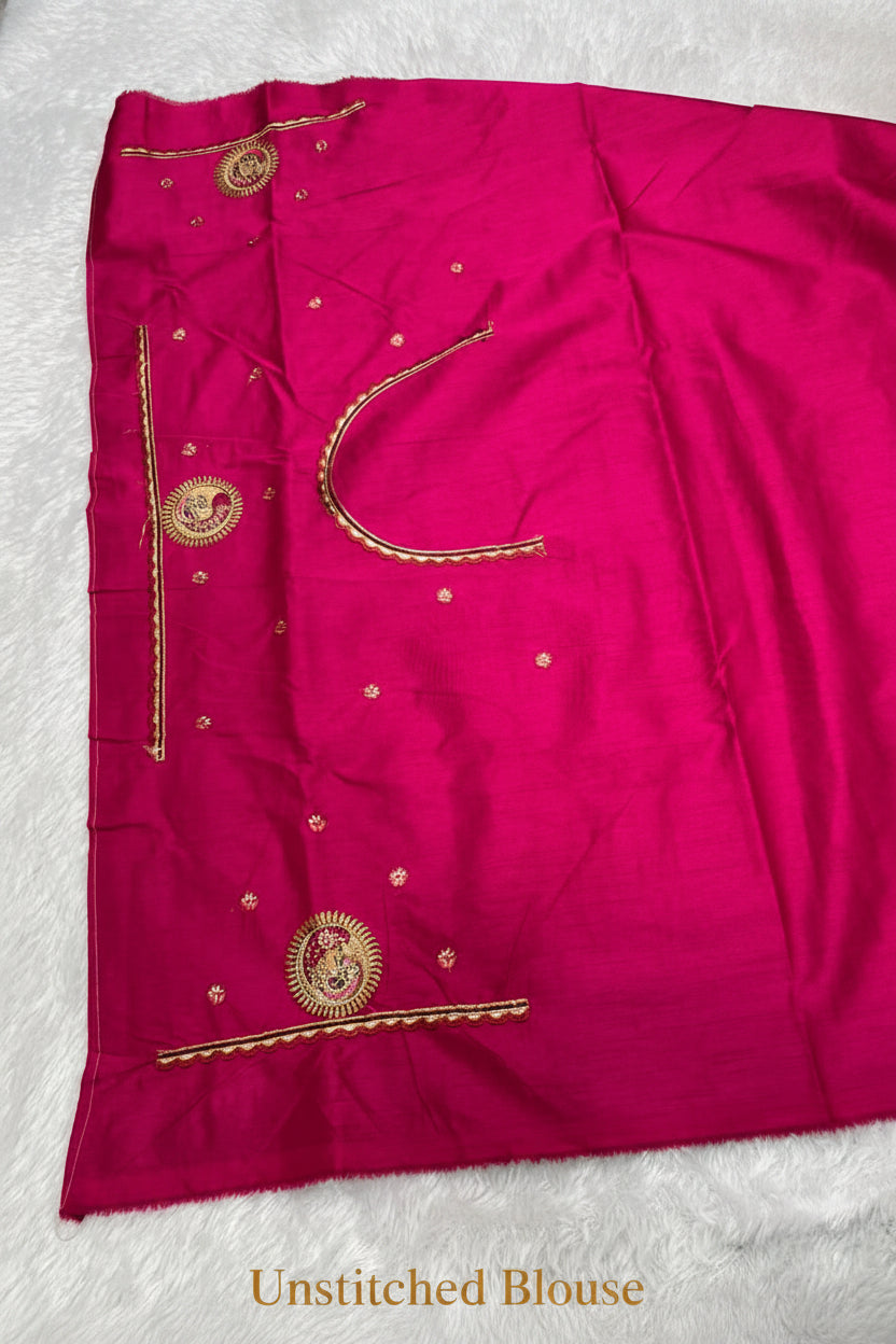 Anula Nexus Premium Satin Saree For Women | Mustard Yellow & Rani Pink Heavy Embroidery Designer Saree With Swarovski, Zarkhan & Sequins Work | Unstitched Blouse Piece-1