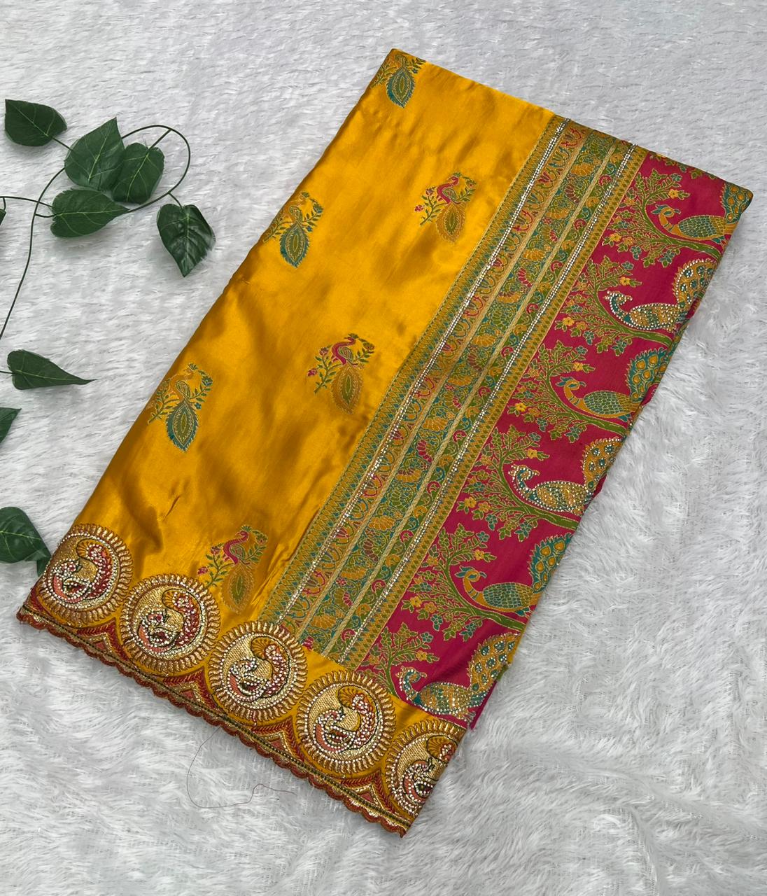 Anula Nexus Premium Satin Saree For Women | Mustard Yellow & Rani Pink Heavy Embroidery Designer Saree With Swarovski, Zarkhan & Sequins Work | Unstitched Blouse Piece-2