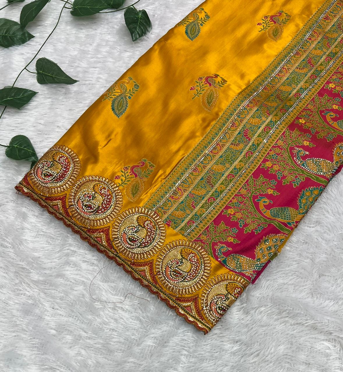 Anula Nexus Premium Satin Saree For Women | Mustard Yellow & Rani Pink Heavy Embroidery Designer Saree With Swarovski, Zarkhan & Sequins Work | Unstitched Blouse Piece-4