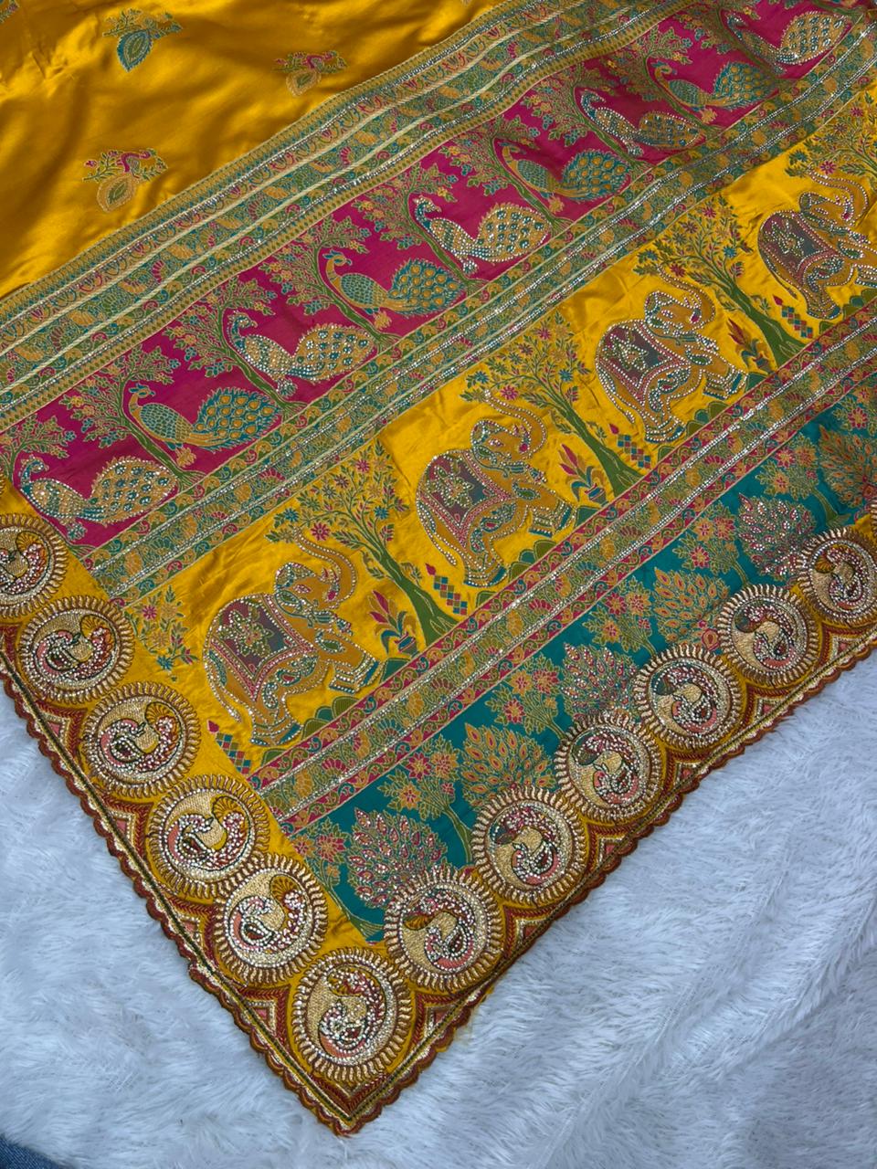 Anula Nexus Premium Satin Saree For Women | Mustard Yellow & Rani Pink Heavy Embroidery Designer Saree With Swarovski, Zarkhan & Sequins Work | Unstitched Blouse Piece-5