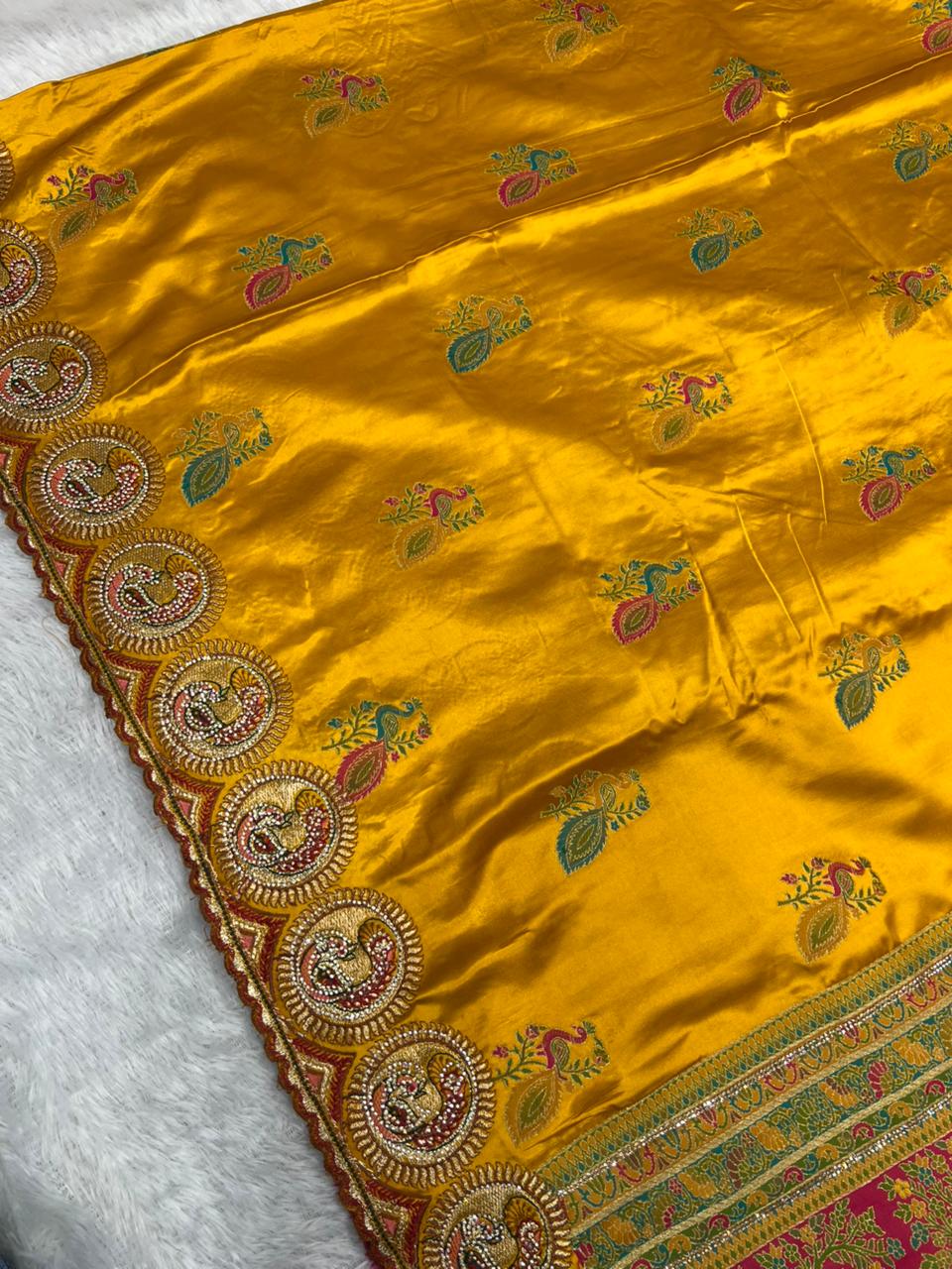 Anula Nexus Premium Satin Saree For Women | Mustard Yellow & Rani Pink Heavy Embroidery Designer Saree With Swarovski, Zarkhan & Sequins Work | Unstitched Blouse Piece-6