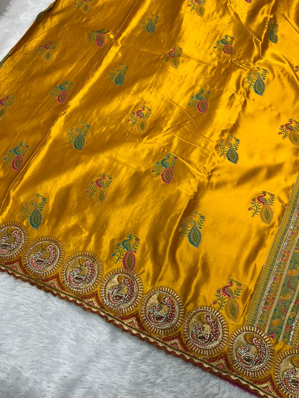 Anula Nexus Premium Satin Saree For Women | Mustard Yellow & Rani Pink Heavy Embroidery Designer Saree With Swarovski, Zarkhan & Sequins Work | Unstitched Blouse Piece-7