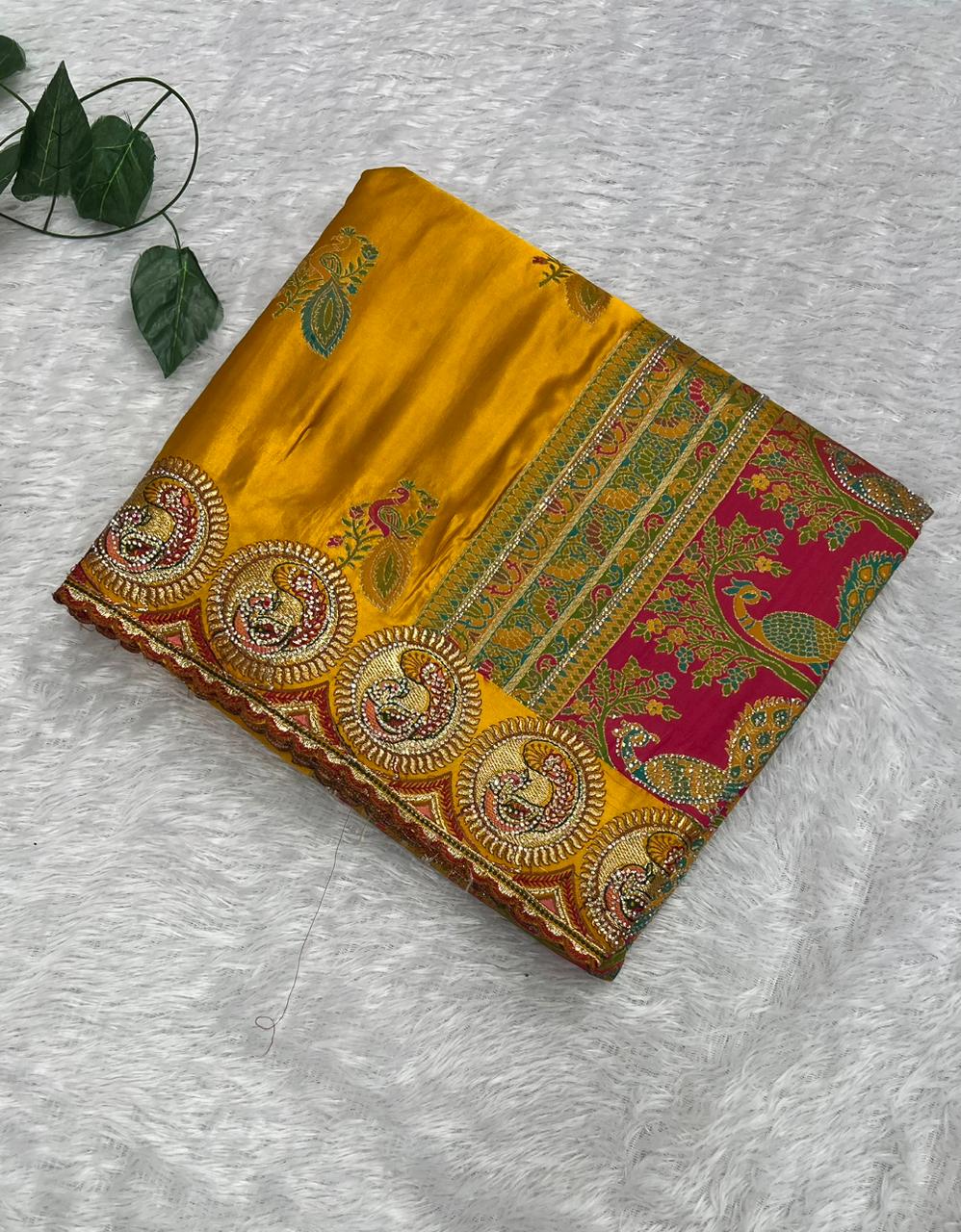 Anula Nexus Premium Satin Saree For Women | Mustard Yellow & Rani Pink Heavy Embroidery Designer Saree With Swarovski, Zarkhan & Sequins Work | Unstitched Blouse Piece