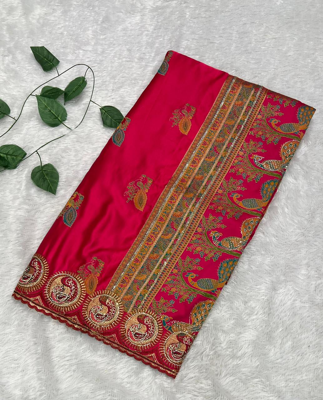 Anula Nexus Premium Satin Saree For Women | Rani Pink & Emerald Green Heavy Embroidery Designer Saree With Swarovski, Zarkhan & Sequins Work | Unstitched Blouse Piece-2