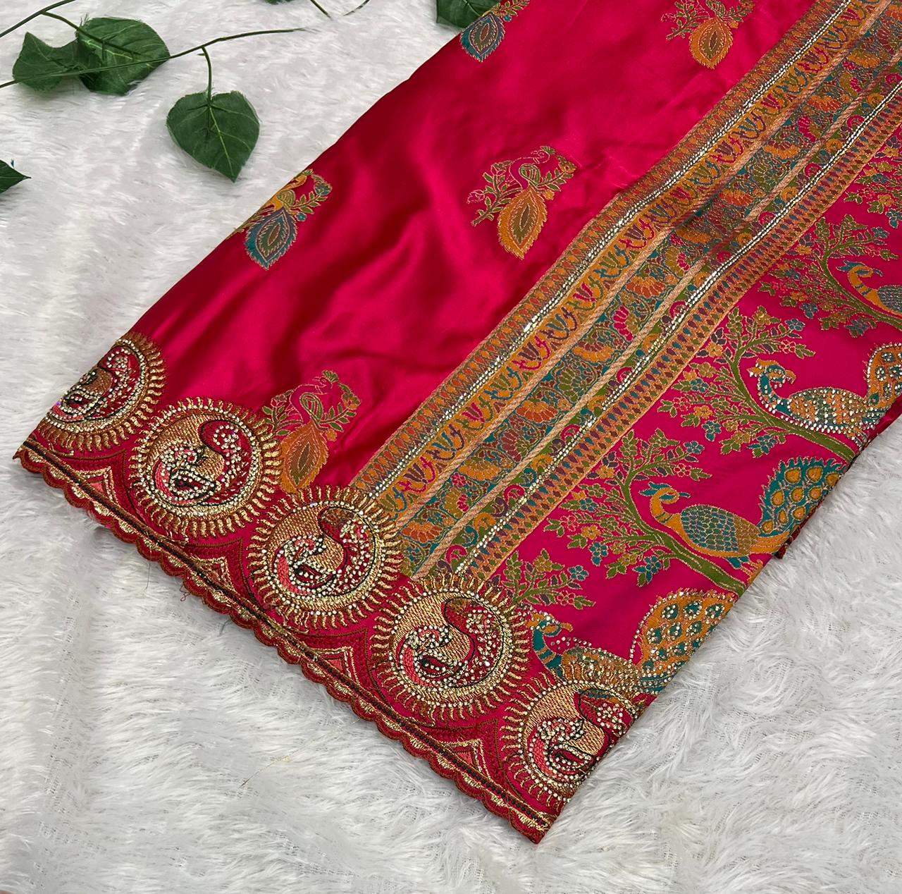 Anula Nexus Premium Satin Saree For Women | Rani Pink & Emerald Green Heavy Embroidery Designer Saree With Swarovski, Zarkhan & Sequins Work | Unstitched Blouse Piece-4