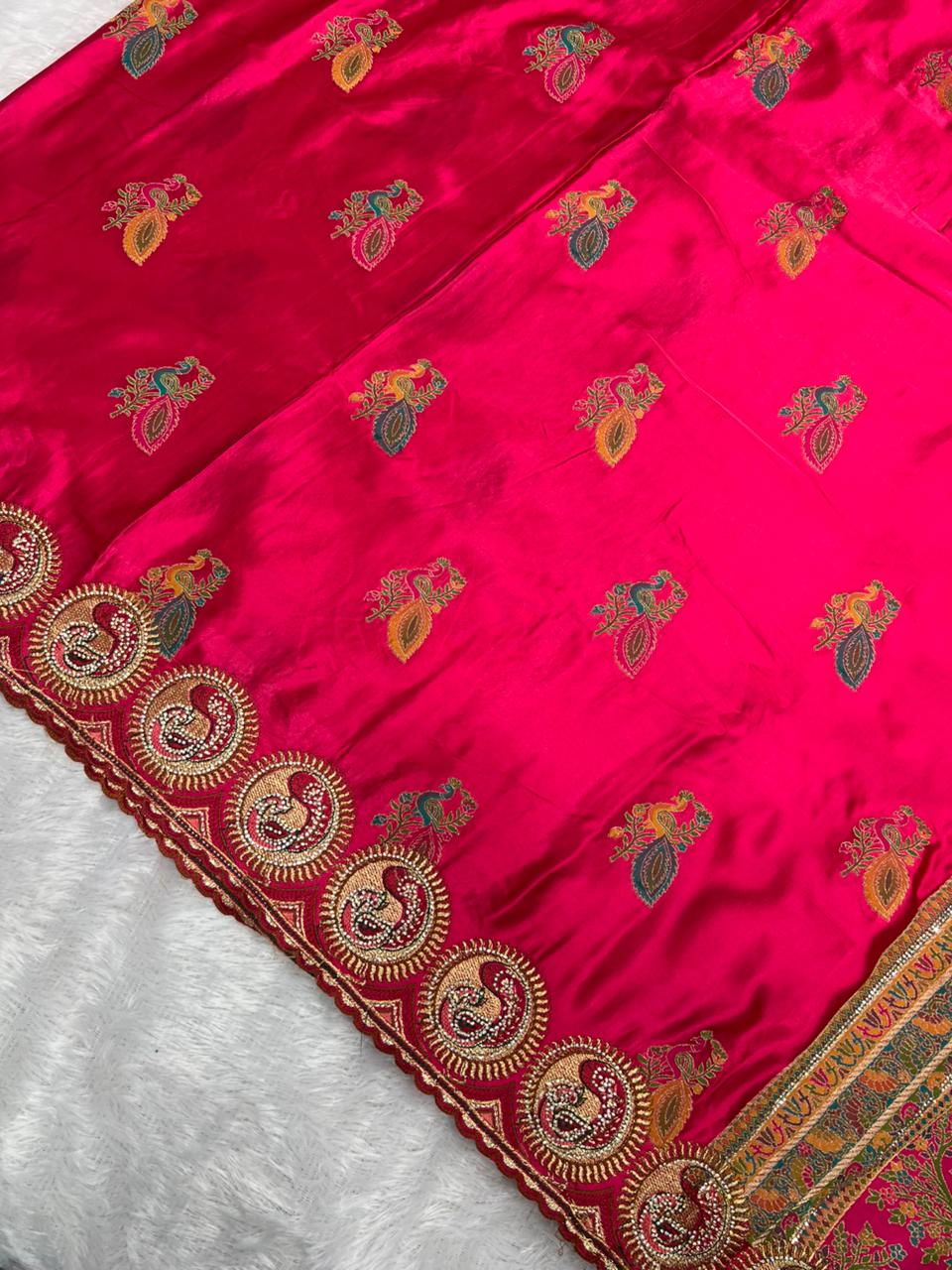Anula Nexus Premium Satin Saree For Women | Rani Pink & Emerald Green Heavy Embroidery Designer Saree With Swarovski, Zarkhan & Sequins Work | Unstitched Blouse Piece-6