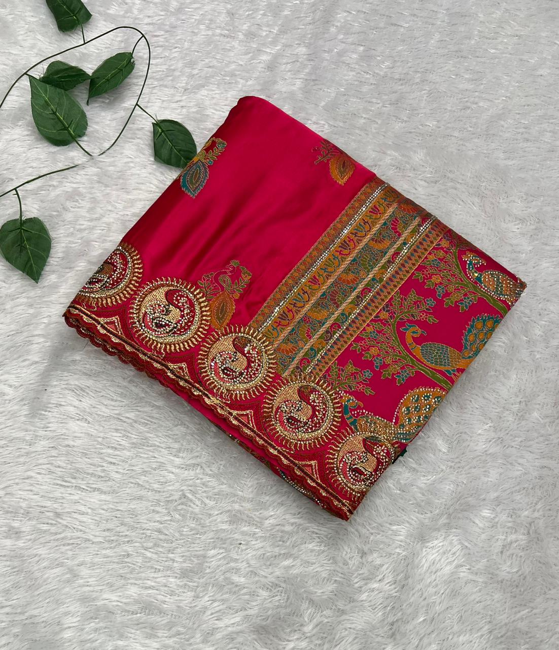 Anula Nexus Premium Satin Saree For Women | Rani Pink & Emerald Green Heavy Embroidery Designer Saree With Swarovski, Zarkhan & Sequins Work | Unstitched Blouse Piece