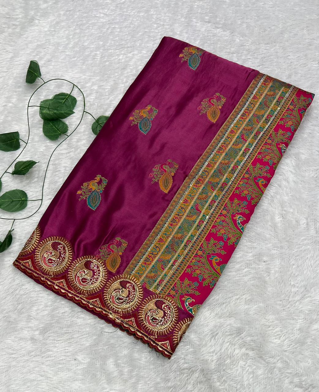 Anula Nexus Premium Satin Saree For Women | Wine Purple & Emerald Green Heavy Embroidery Designer Saree With Swarovski, Zarkhan & Sequins Work | Unstitched Blouse Piece-2